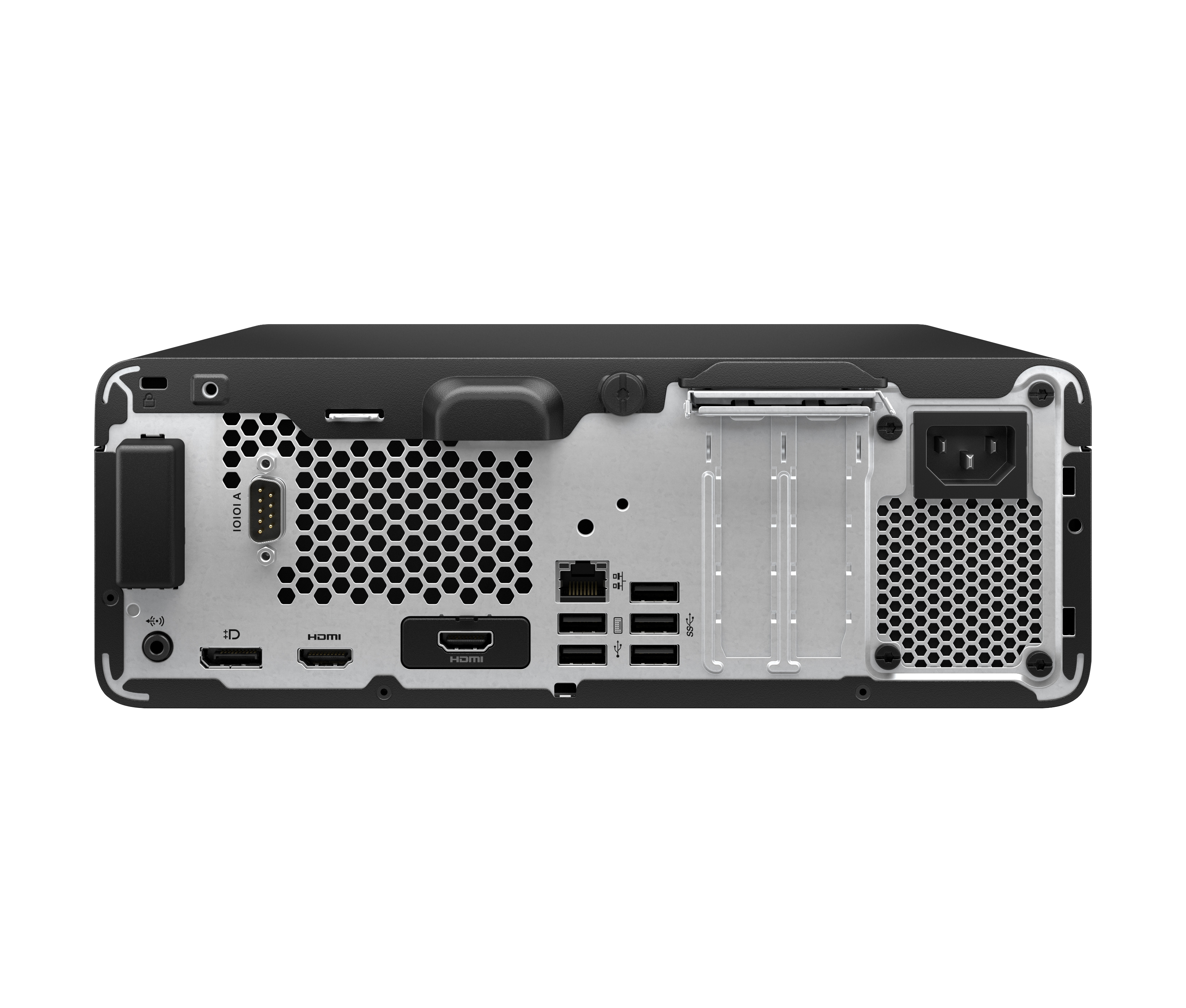 Die Rückseite eines schwarzen Computers. Es hat verschiedene Anschlüsse, darunter HDMI, USB und einen Wechselstromeingang.