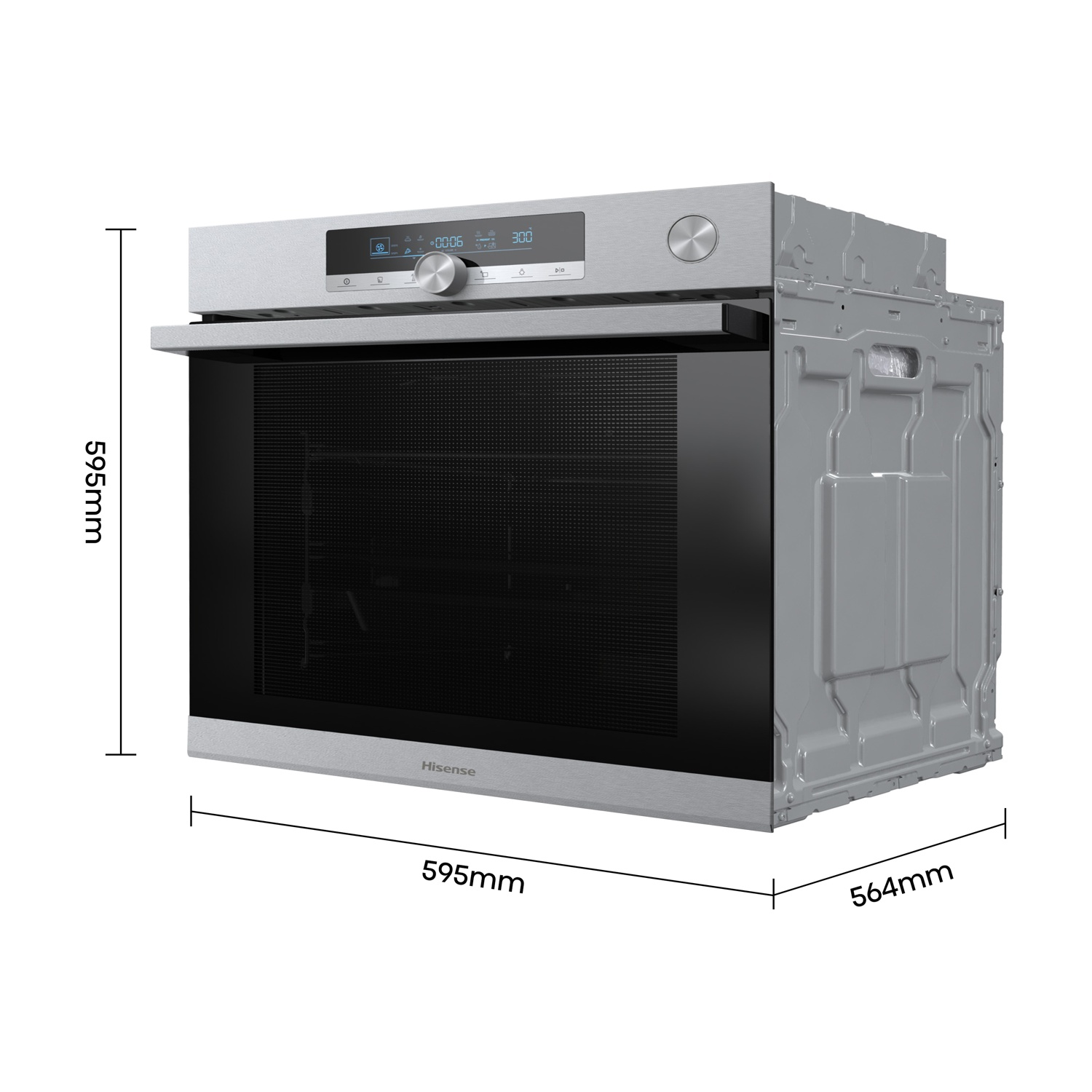 Viene mostrato un forno Hisense argentato. Le dimensioni sono indicate. Il forno ha una porta nera, un pannello di controllo e un corpo argentato.