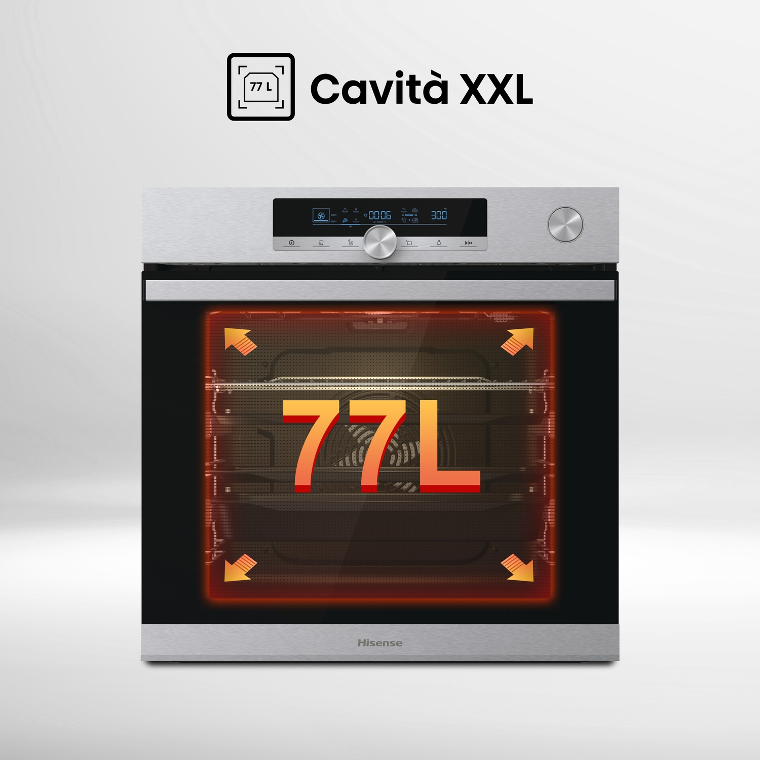 Un forno argentato con display digitale. Ha una grande capacità di 77L. Il forno è etichettato 'Cavità XXL'.
