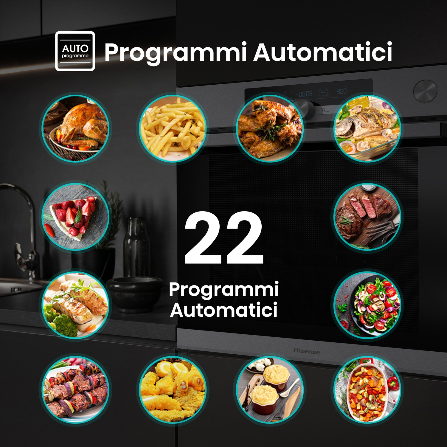 Un forno mostra programmi automatici con immagini di cibo: pollo, patatine fritte, ali, pesce, torta, bistecca, insalata, kebab, pesce fritto e stufato.