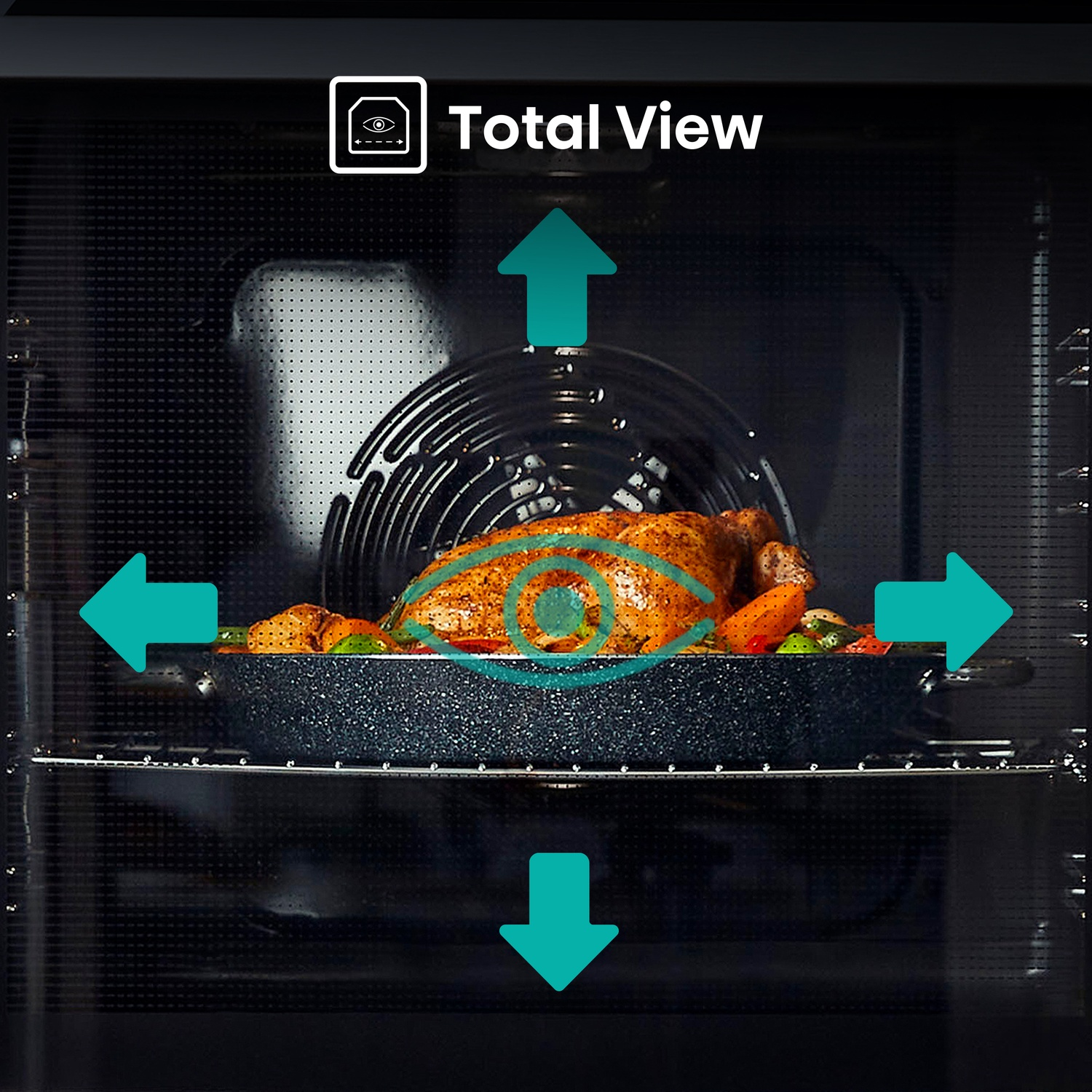 All'interno di un forno, un pollo arrosto e verdure in una teglia. Frecce verdi indicano la vista totale.