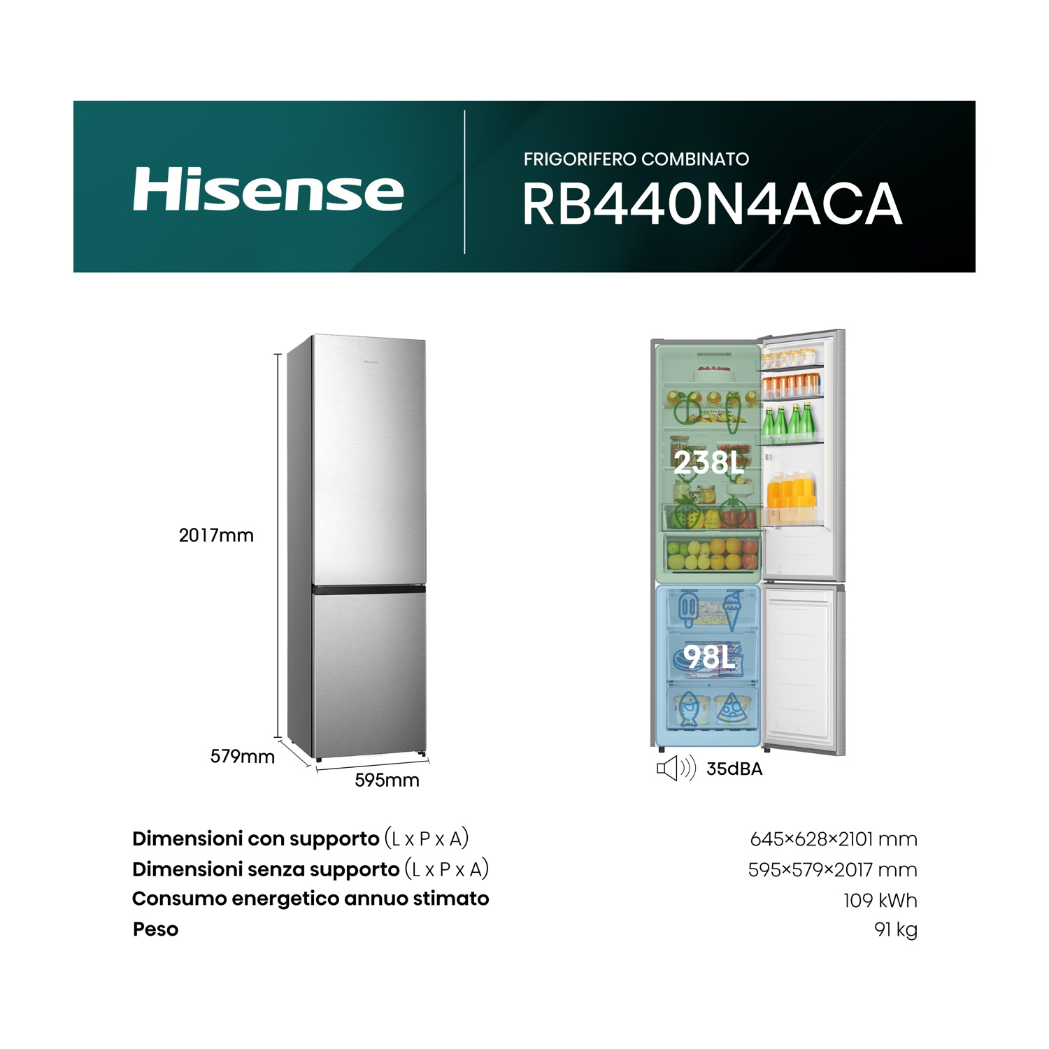Un frigorifero Hisense RB440N4ACA, con dimensioni visualizzate. Il frigorifero aperto mostra ripiani con cibo. Il congelatore è sotto.