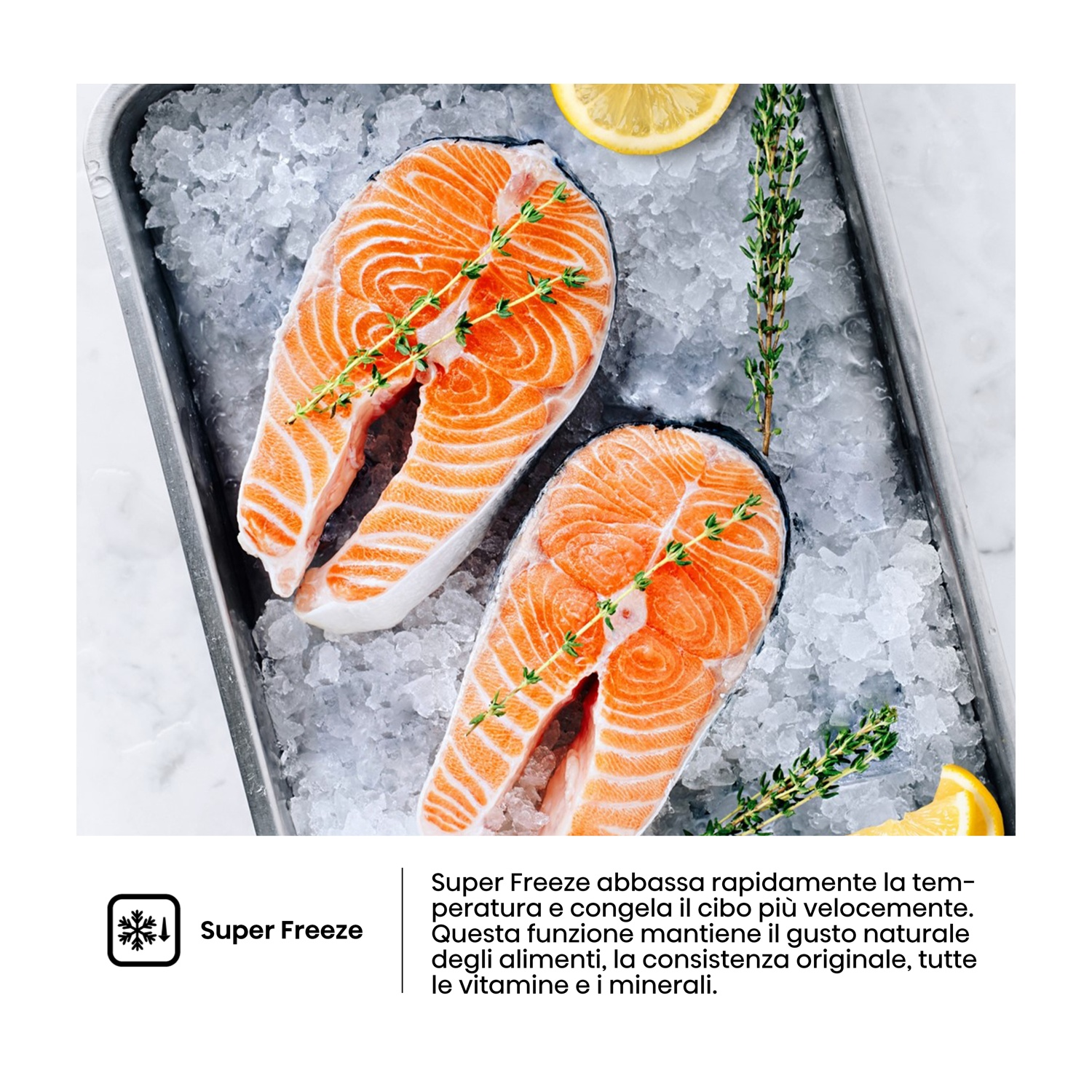 Due bistecche di salmone su ghiaccio in un vassoio di metallo, guarnite con rametti di timo e fette di limone. Il salmone è arancione acceso.