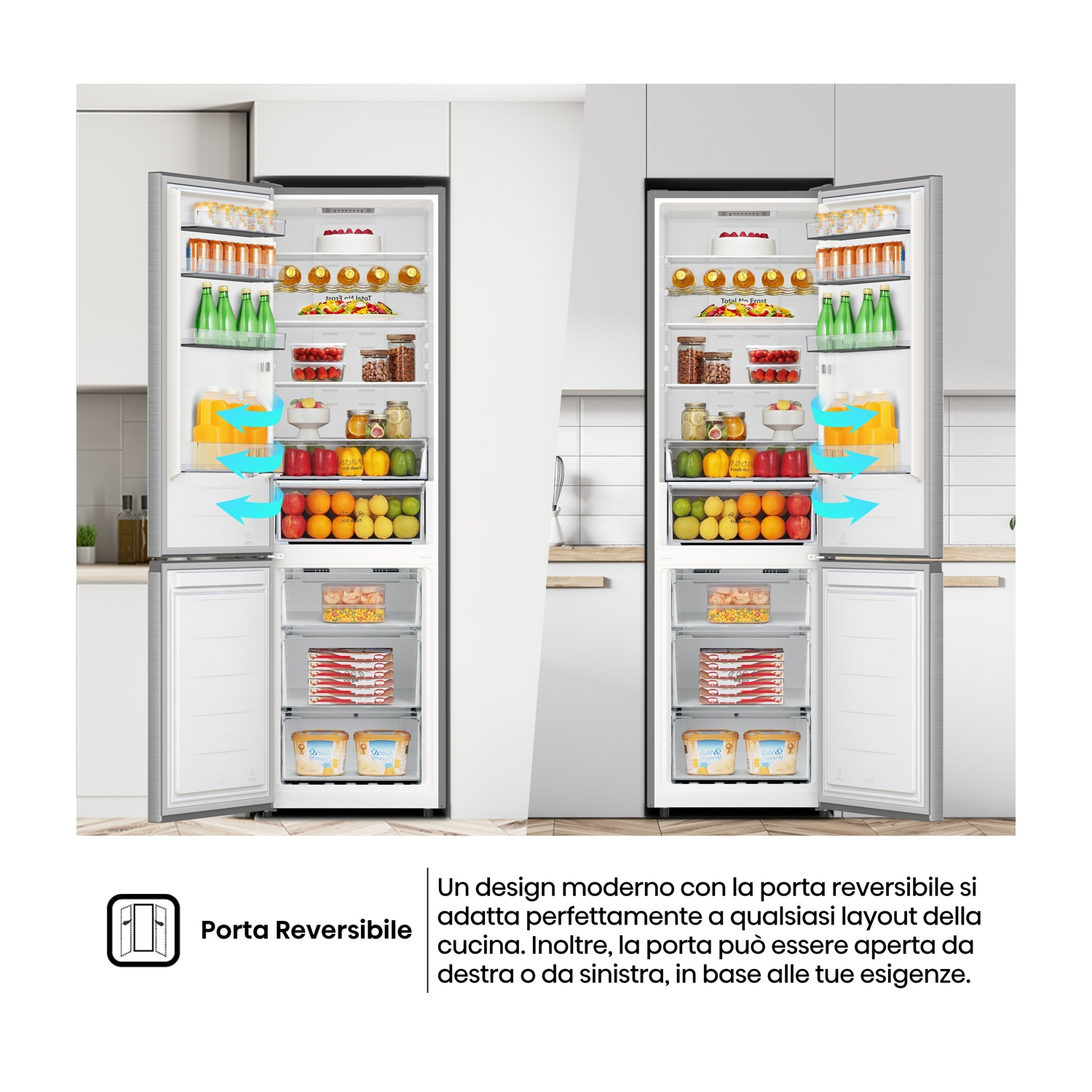 Un frigorifero con porte aperte, pieno di cibo e bevande. Frecce puntano verso l'interno. Testo: 'Porta reversibile'.