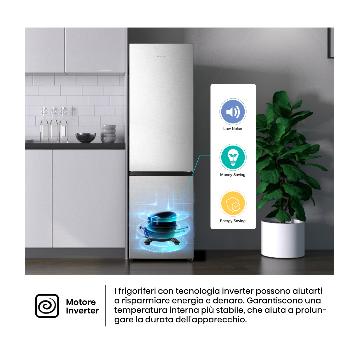 Un frigorifero in acciaio inox con motore inverter, icone di risparmio energetico e una pianta da interno. Mostra il risparmio energetico.