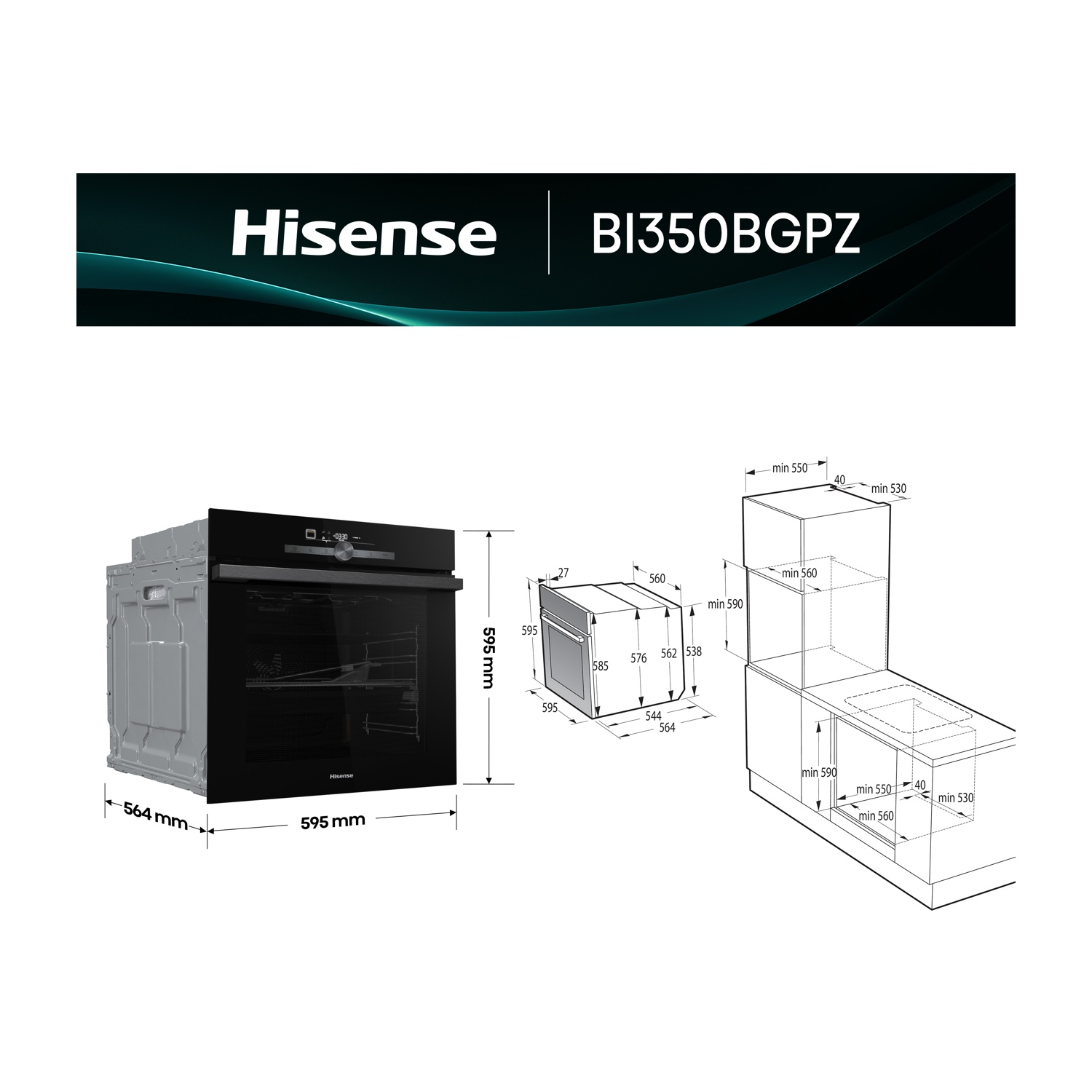 Un forno Hisense, modello BI350BGPZ, con dimensioni indicate. Un diagramma mostra i requisiti di installazione. Forno nero con porta a vetro.