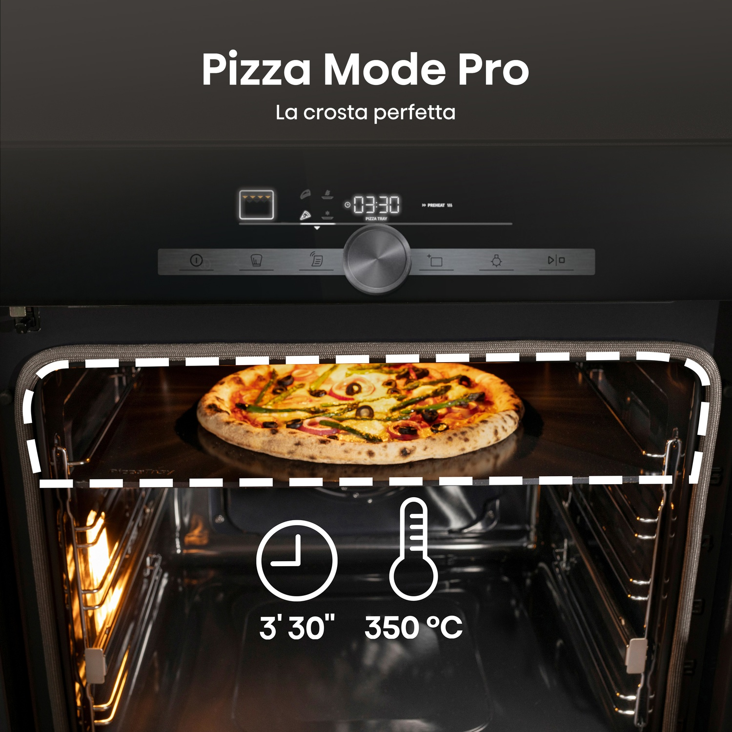 Forno con pizza dentro. Il display mostra 3:30 e 350°C. Testo Pizza Mode Pro in alto.