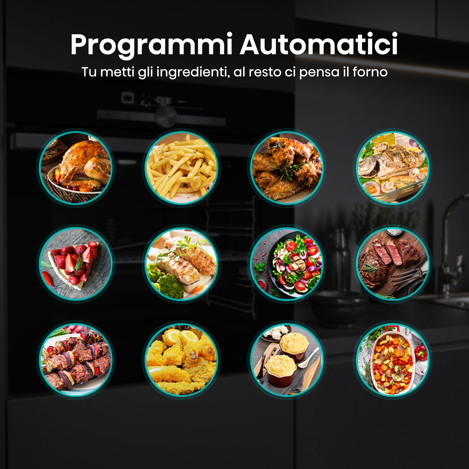 Una pubblicità del forno mostra cibi cotti: pollo arrosto, patatine fritte, ali, pesce, torta, salmone, insalata, bistecca, kebab, pesce fritto, pasticci e verdure.