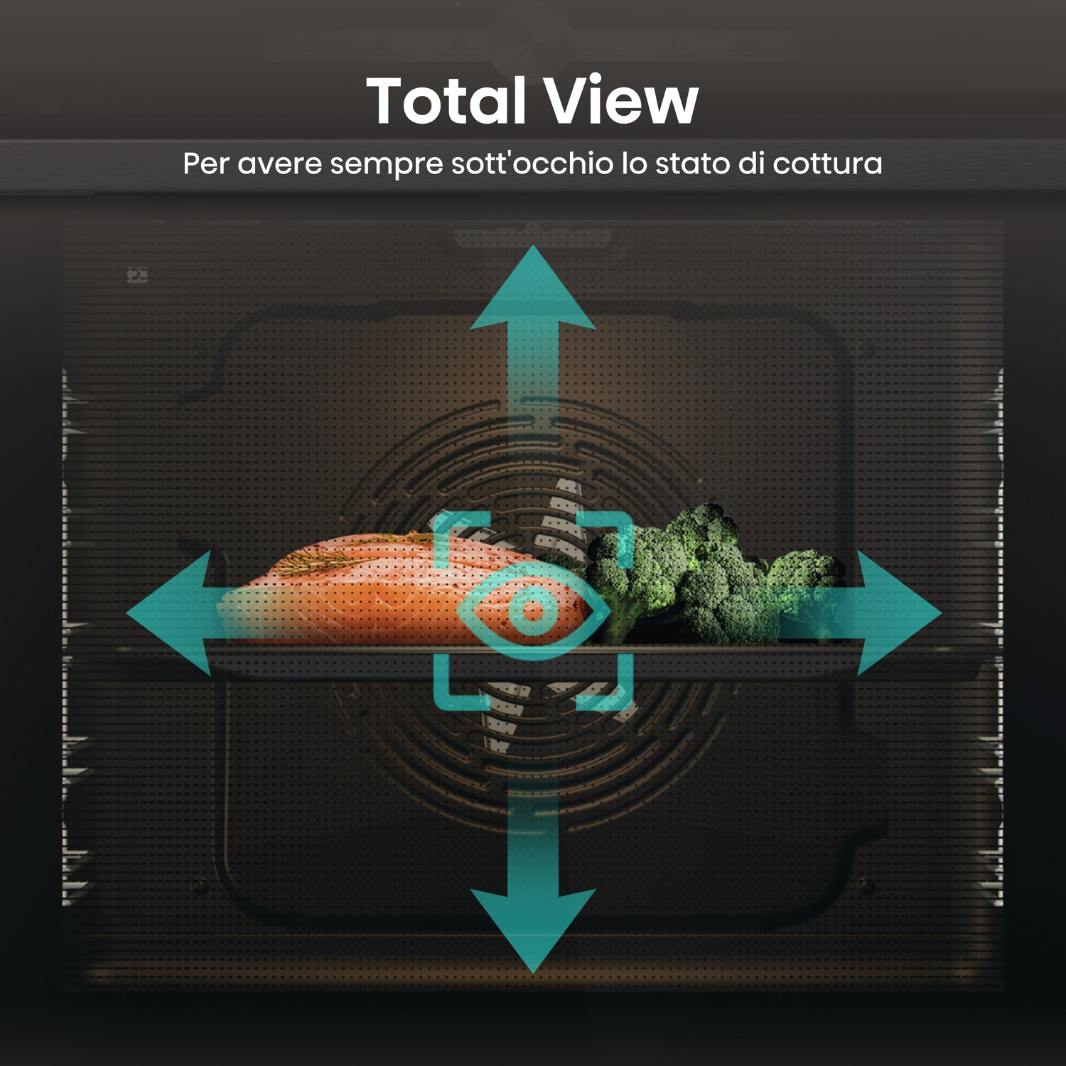Interno di un forno con verdure. Un filetto di salmone e broccoli sono visibili. Le frecce puntano al cibo ed è visibile un'icona a forma di occhio.