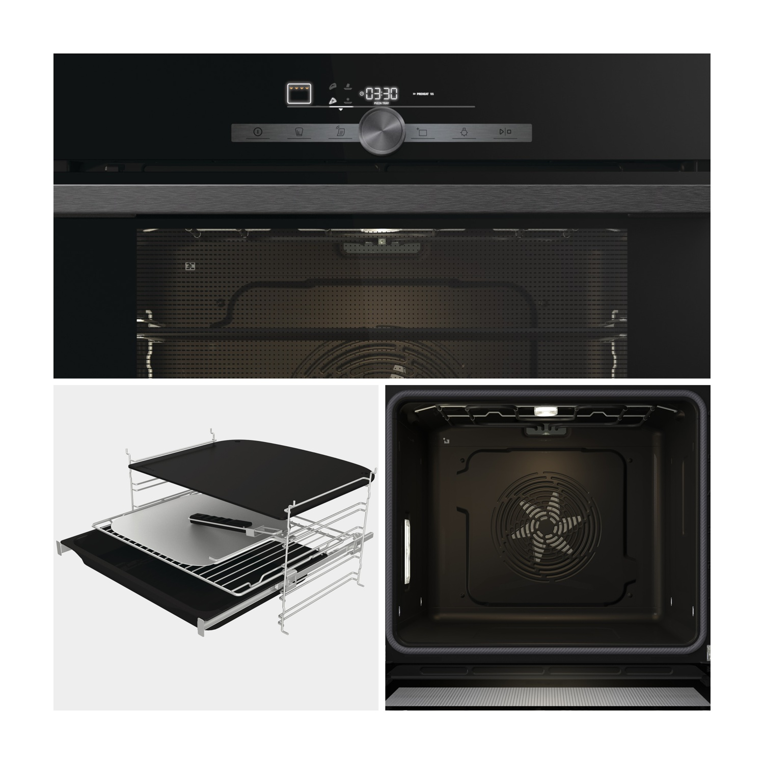 Forno nero con display e manopola. All'interno, una ventola e delle griglie sono visibili. L'immagine separata mostra vassoi e griglie.