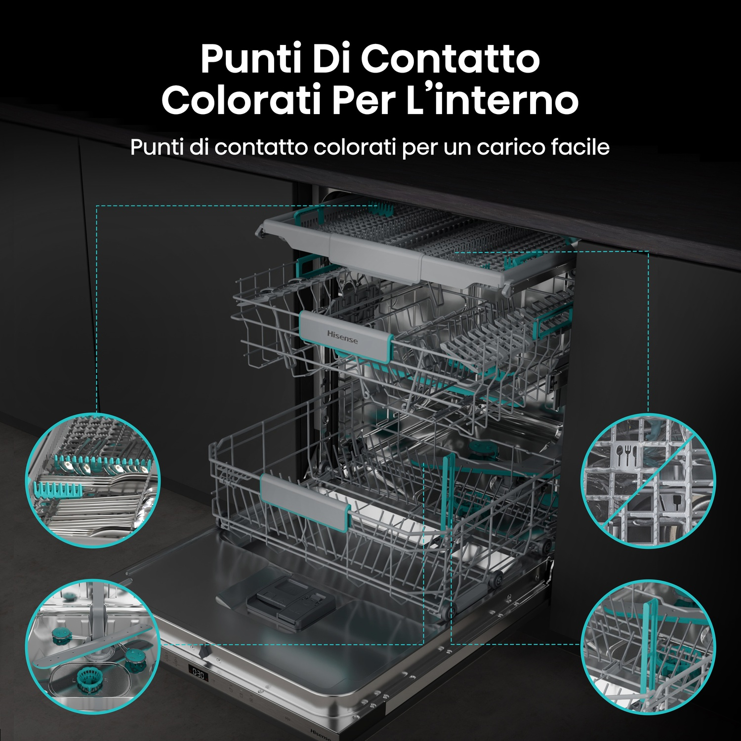 Lavastoviglie aperta con dettagli blu. Primi piani mostrano posate, guide di carico e timer digitale. Testo: 'Punti di contatto colorati'.