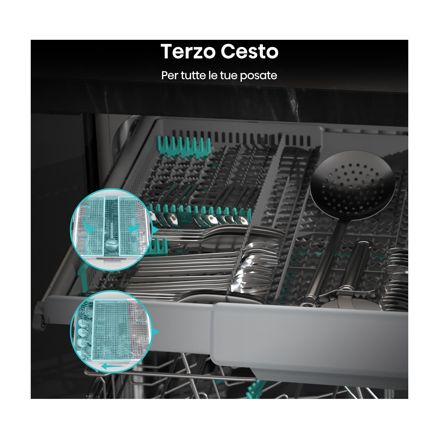 Interno lavastoviglie con posate e utensili sistemati nei cestelli. Testo in alto: 'Terzo Cesto' e 'Per tutte le tue posate'.