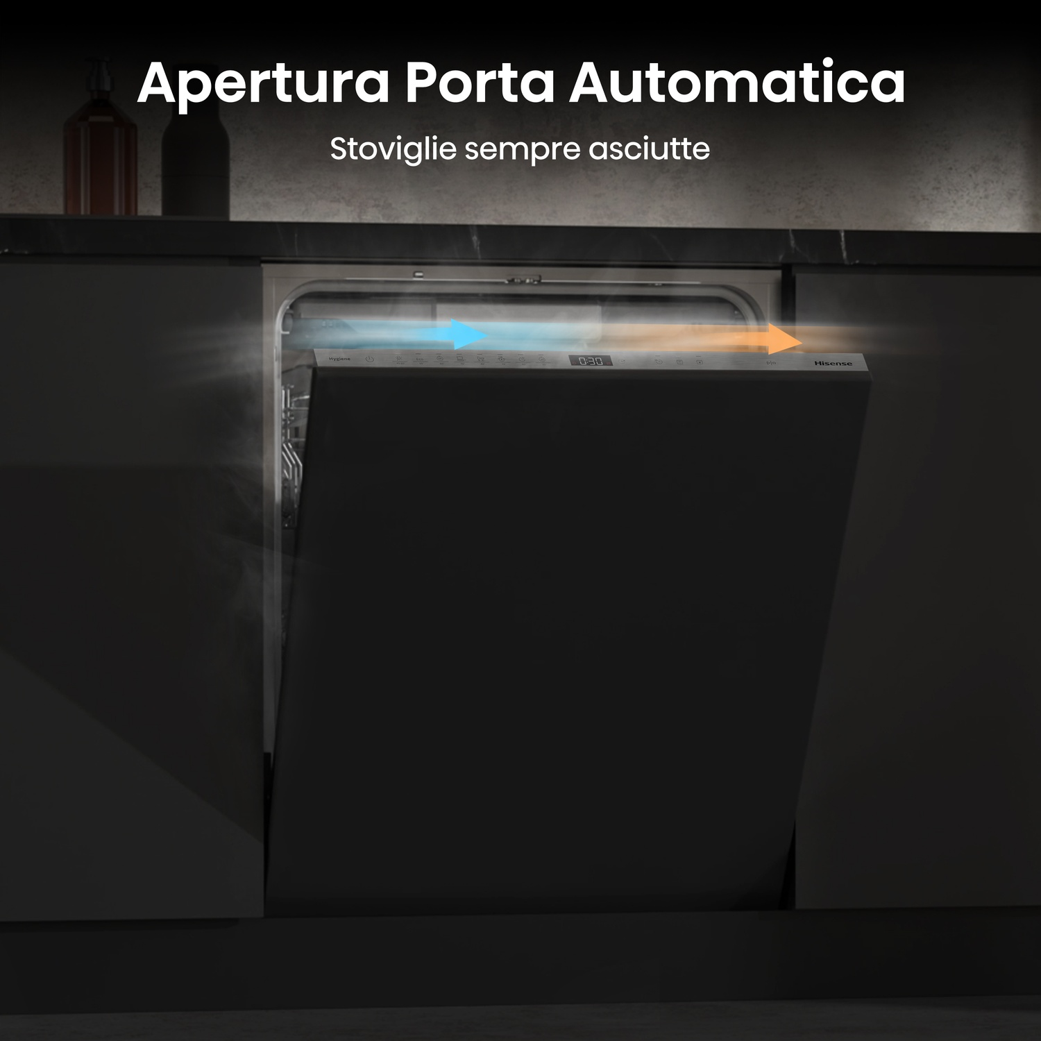 Lavastoviglie nera con porta aperta. Testo: 'Apertura automatica della porta'. Frecce indicano il movimento dell'aria.
