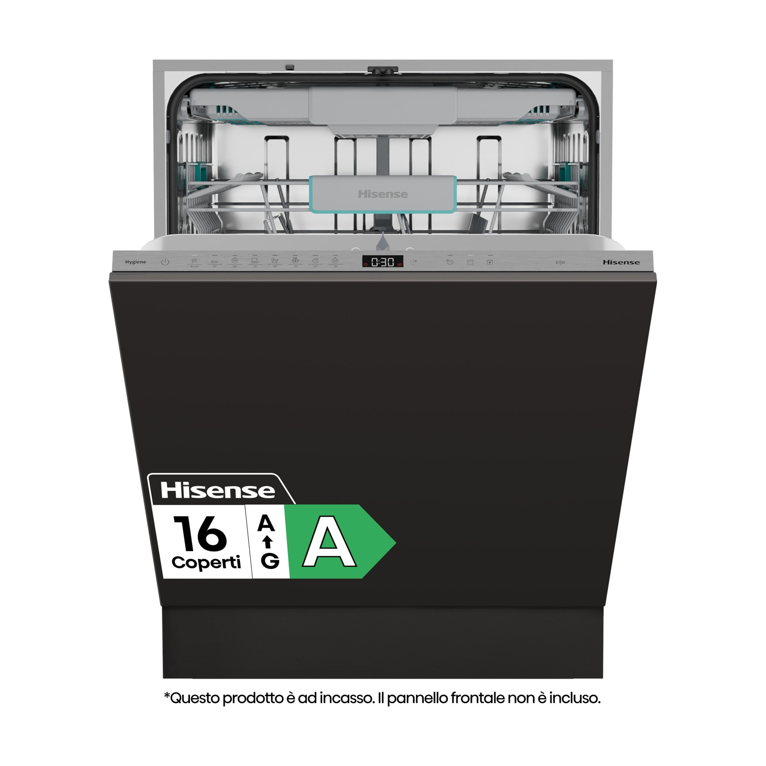 Lavastoviglie Hisense con porta aperta. Pannello frontale nero. L'etichetta energetica mostra una classificazione A. Ripiani interni visibili. Il timer mostra 0:30.
