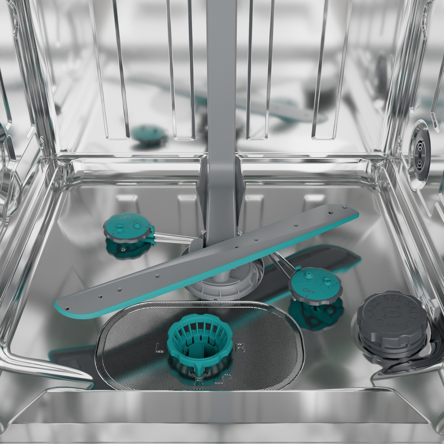 All'interno di una lavastoviglie: componenti grigi e verde acqua. Sono visibili un filtro, bracci irroratori e getti d'acqua. La macchina è in metallo.