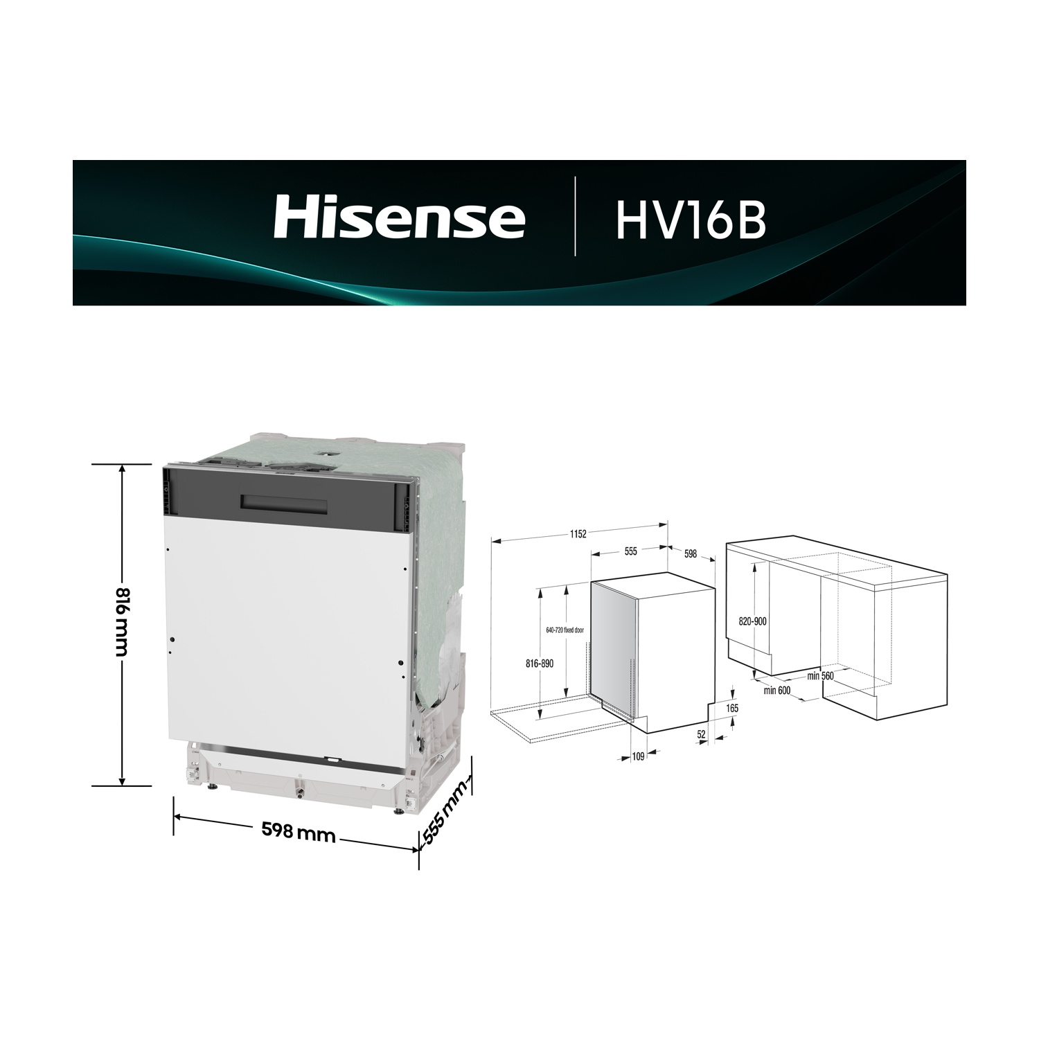 Una lavastoviglie Hisense HV16B bianca. Le dimensioni sono indicate con misurazioni, tra cui altezza, larghezza e profondità in millimetri.