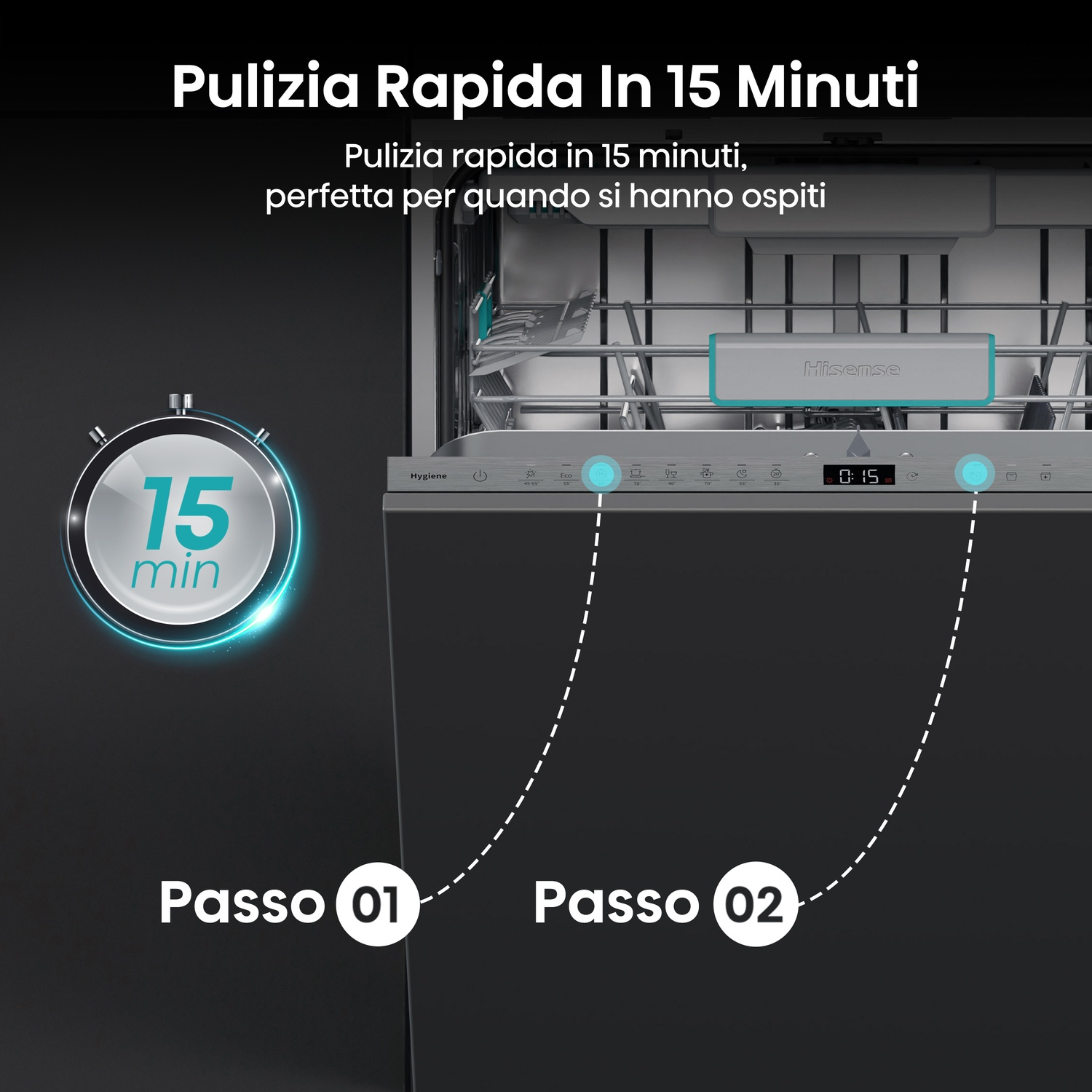 Lavastoviglie con porta aperta, mostra l'interno e il pannello di controllo. Testo: 'Pulizia rapida in 15 minuti'.