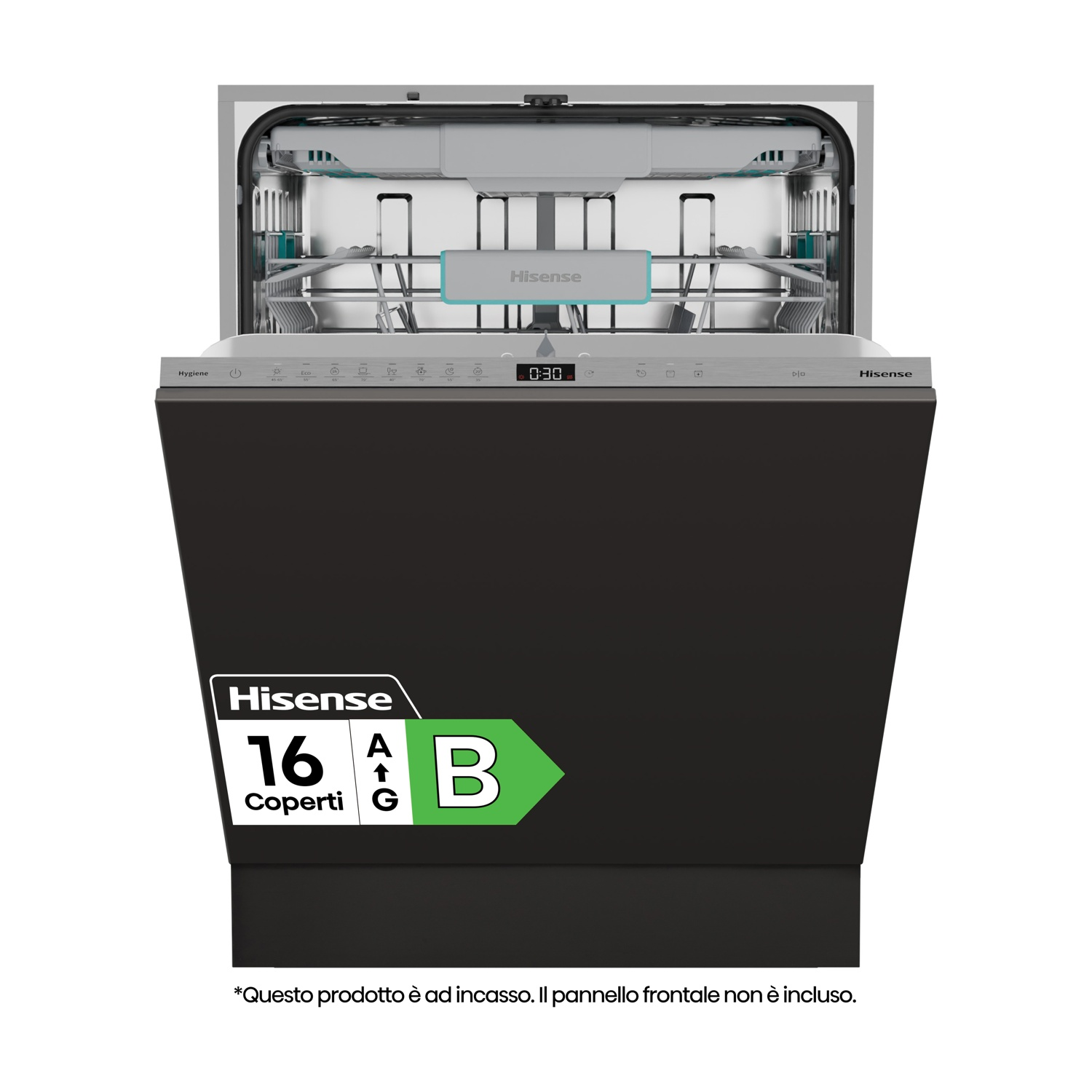 Una lavastoviglie Hisense nera con la porta aperta. Ha 16 coperti, un'etichetta di efficienza energetica e un pannello di controllo con timer.