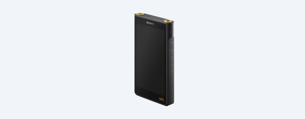 Schwarzer Sony-Musikplayer. Er hat einen schwarzen Bildschirm, goldene Akzente und Seitentasten. Das Sony-Logo ist sichtbar.