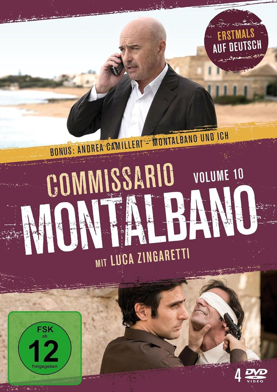 DVD-Cover. Ein Mann telefoniert. Text enthält 'Commissario Montalbano' und 'Volume 10'. Unten sind zwei Männer zu sehen.