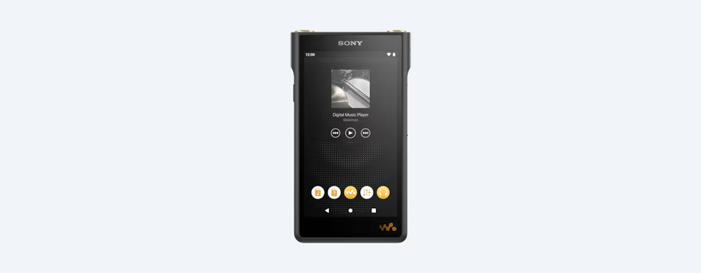 Schwarzer Sony Digital-Musikplayer. Der Bildschirm zeigt Musiksteuerung und Albumcover. Tasten unten.