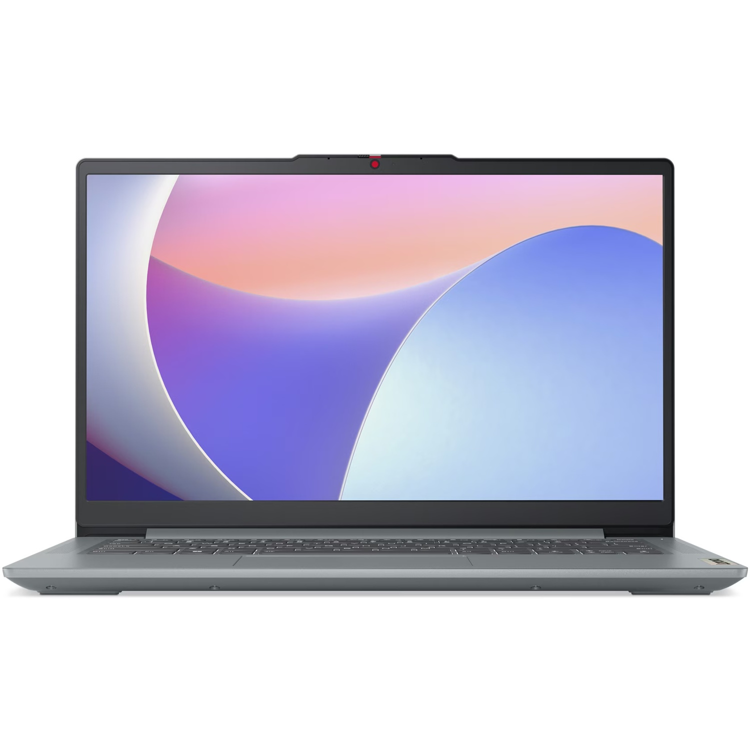 Open laptop with colorful screen displaying abstract design. Keyboard visible. Gray body. Webcam at top. Display is the main focus.