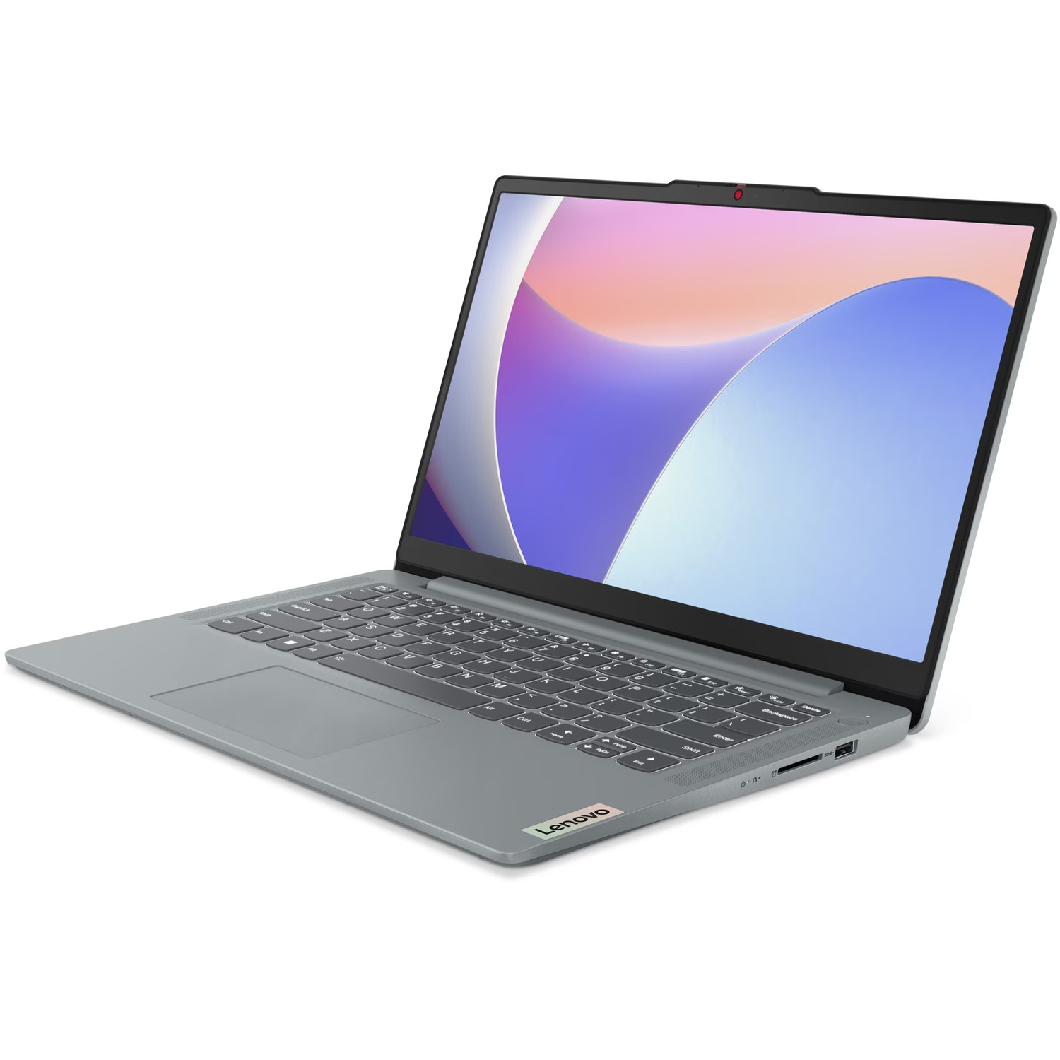 A gray Lenovo laptop is open, showing keyboard and screen. The screen displays a colorful abstract design against a white background.