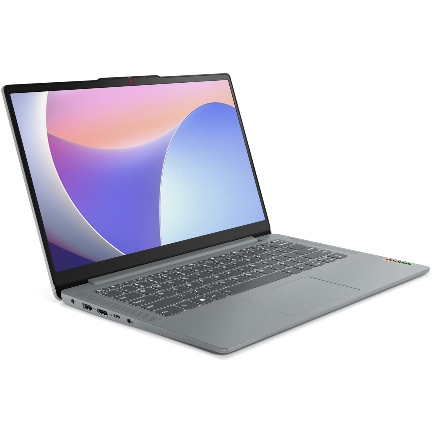 A gray Lenovo laptop is open, displaying a colorful screen. Keyboard and touchpad are visible. The background is white.