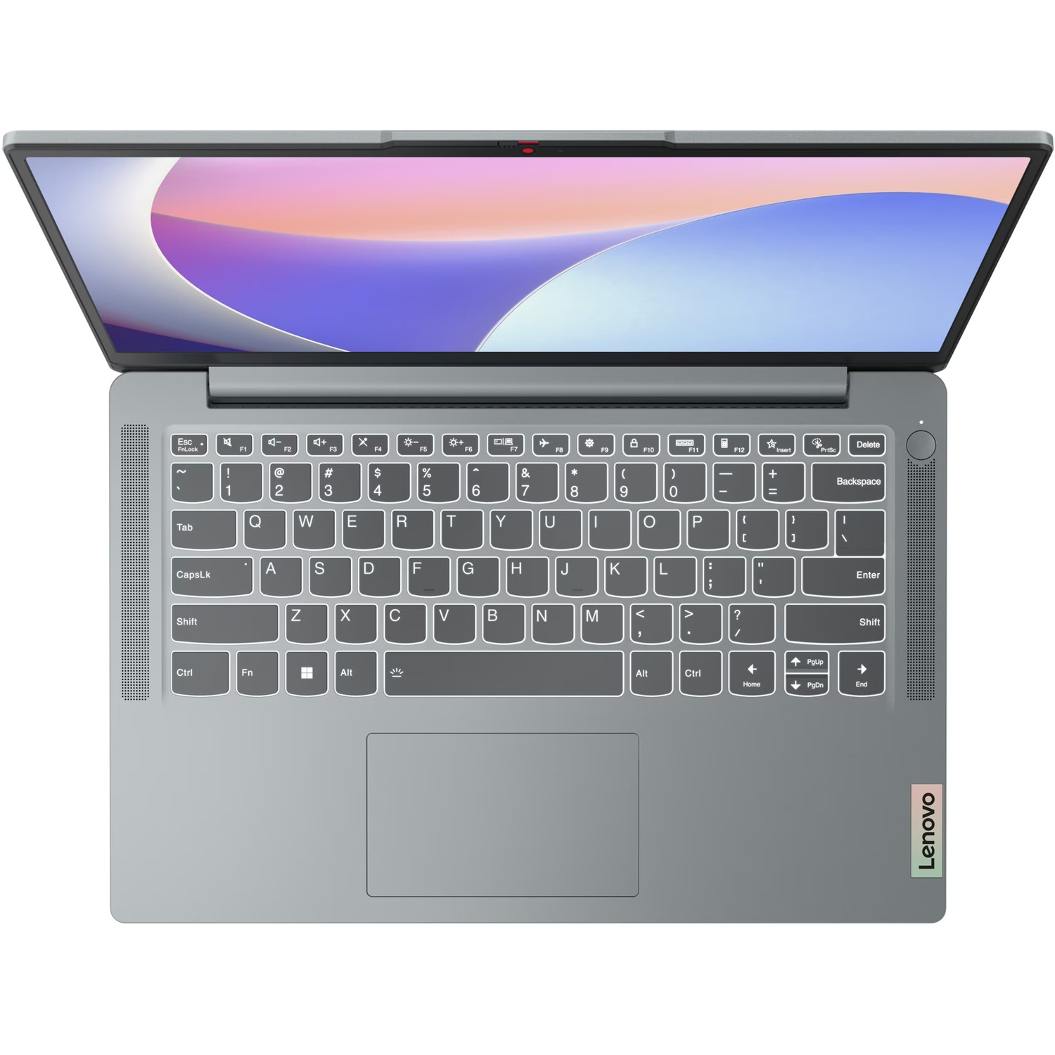 Gray Lenovo laptop, open, top view. Keyboard visible with white keys. Screen displays a colorful abstract image.