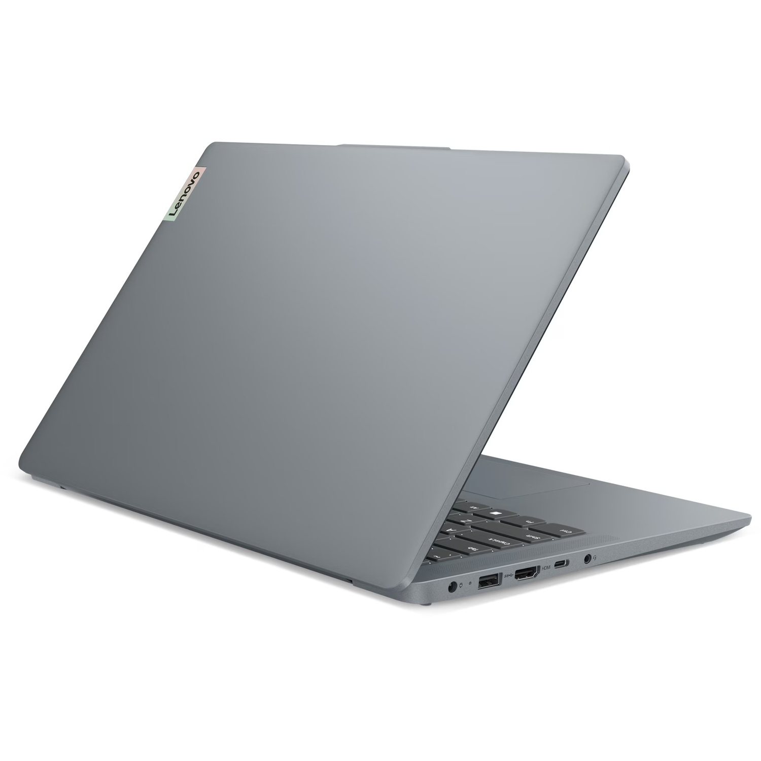 A gray Lenovo laptop is slightly open, angled to the right. The keyboard is visible. The Lenovo logo is on top of the laptop.