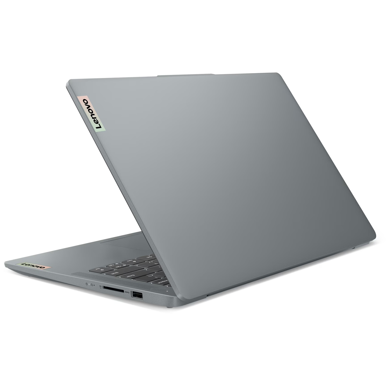 Gray Lenovo laptop, slightly open, on a white background. Keyboard is visible, the Lenovo logo is on the lid.