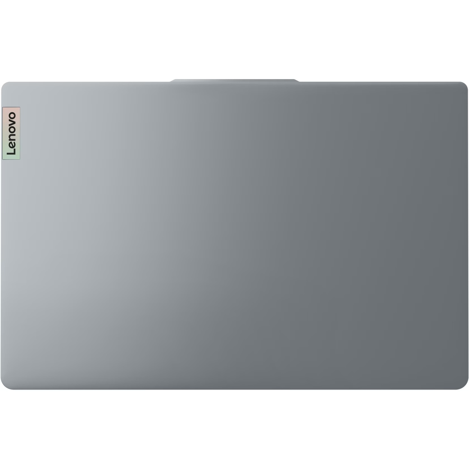 Top view of a gray Lenovo laptop. The Lenovo logo is on the upper left. The laptop is closed.
