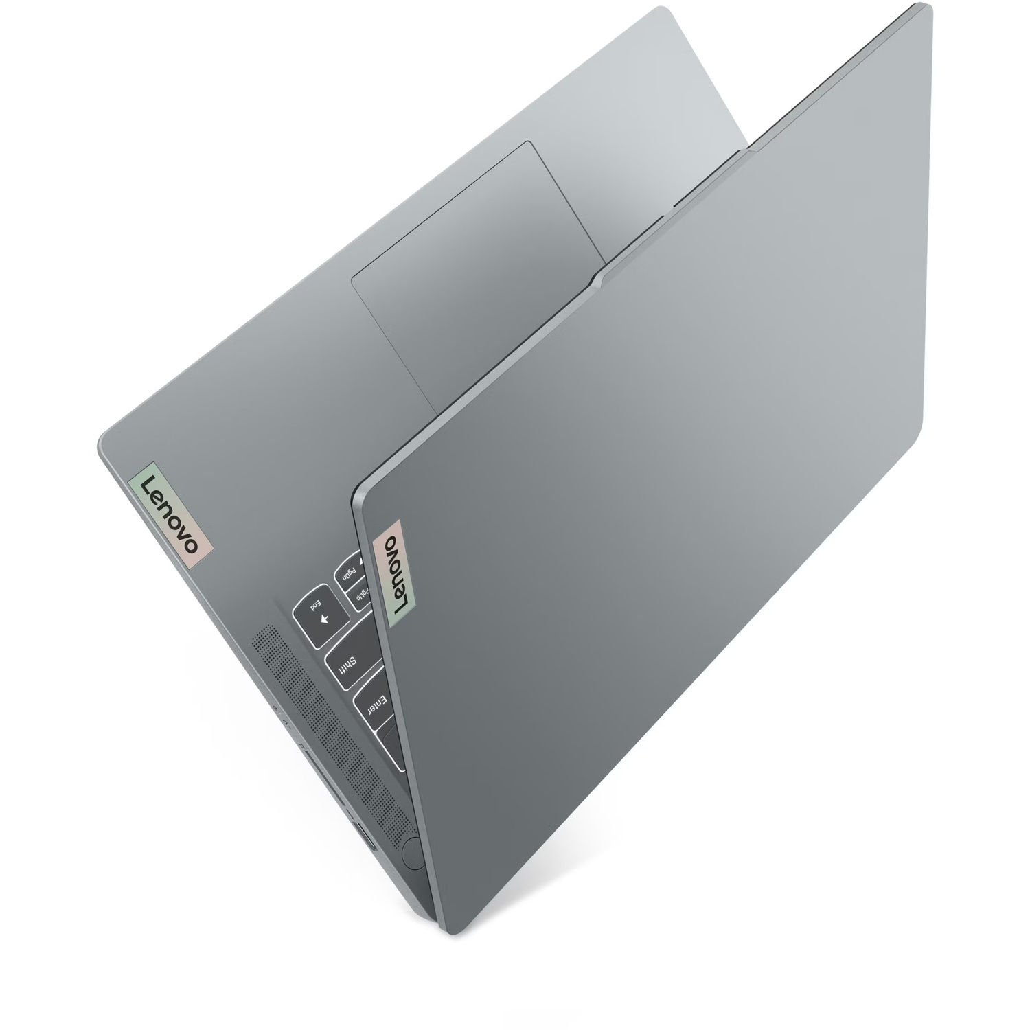 A gray Lenovo laptop, open to reveal the keyboard and screen. The Lenovo logo is visible on the lid and the bottom right corner.