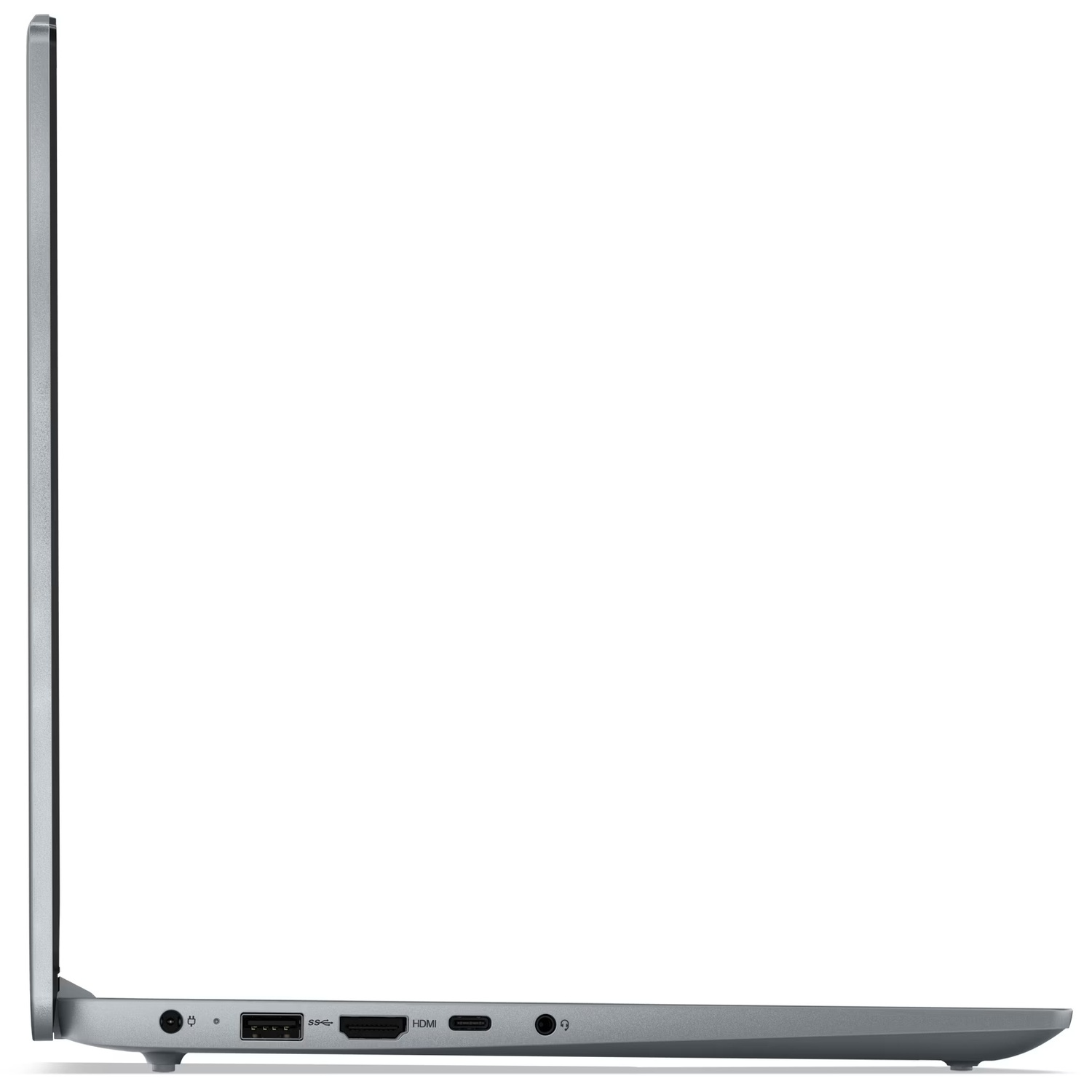 Side view of a silver laptop. Ports include power, USB, HDMI, and headphone jack. The screen is open.