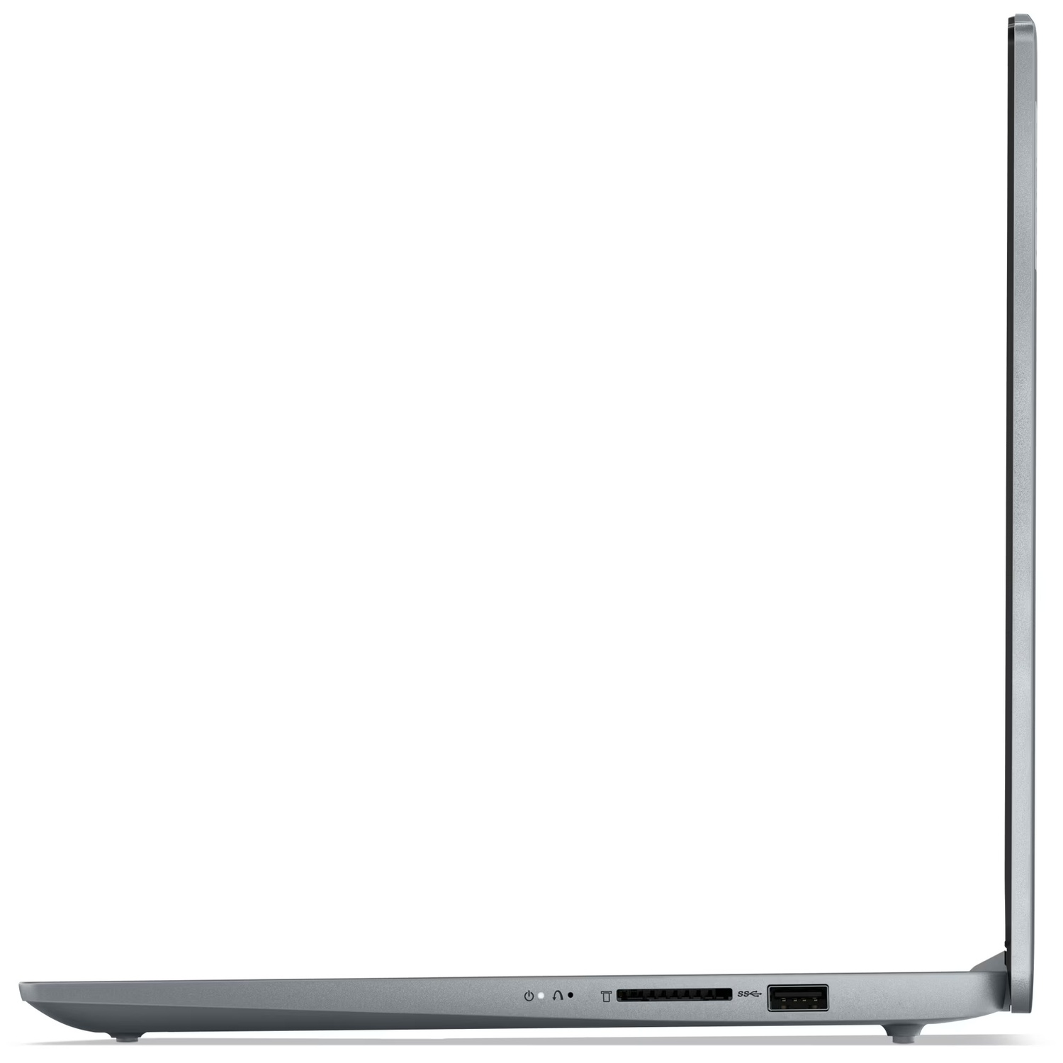 Side view of a gray laptop. Visible are ports, power button, and the screen. The laptop is closed and set on a white background.