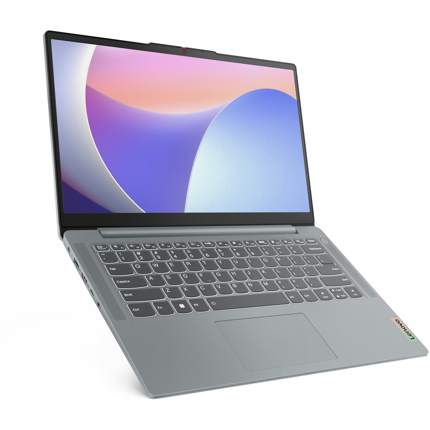 A gray Lenovo laptop is shown at an angle. The screen displays a colorful abstract image. The keyboard and touchpad are visible.