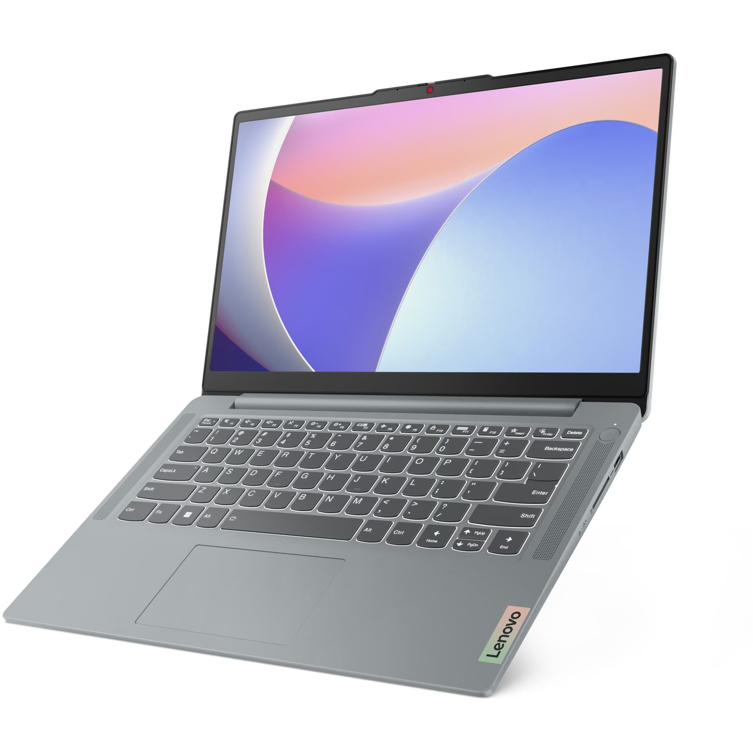 A gray Lenovo laptop is shown open at an angle. The screen displays a colorful abstract background. The keyboard is visible.