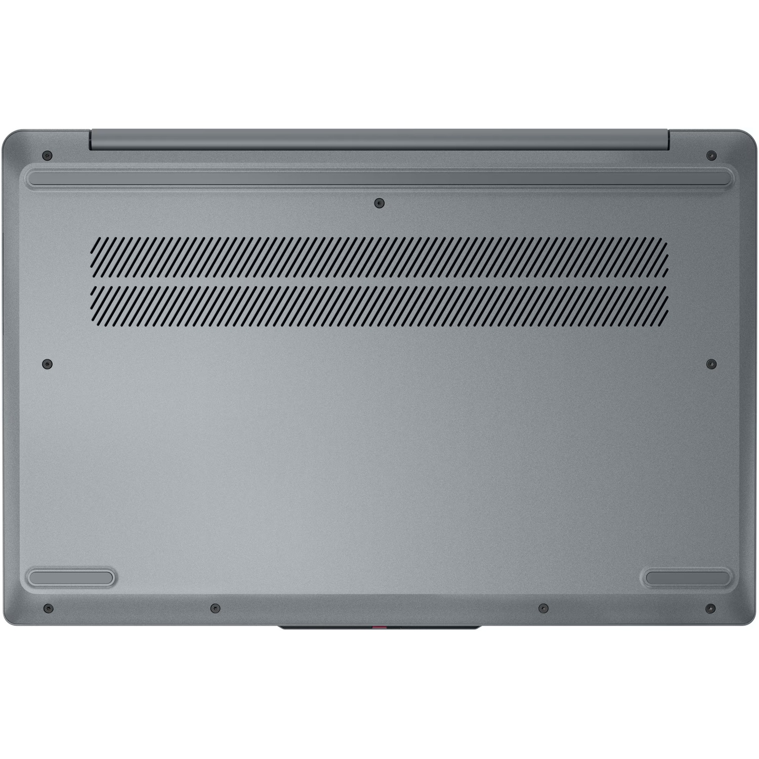 The bottom of a gray laptop. It has vents, screws, and a small red accent. The surface is matte.