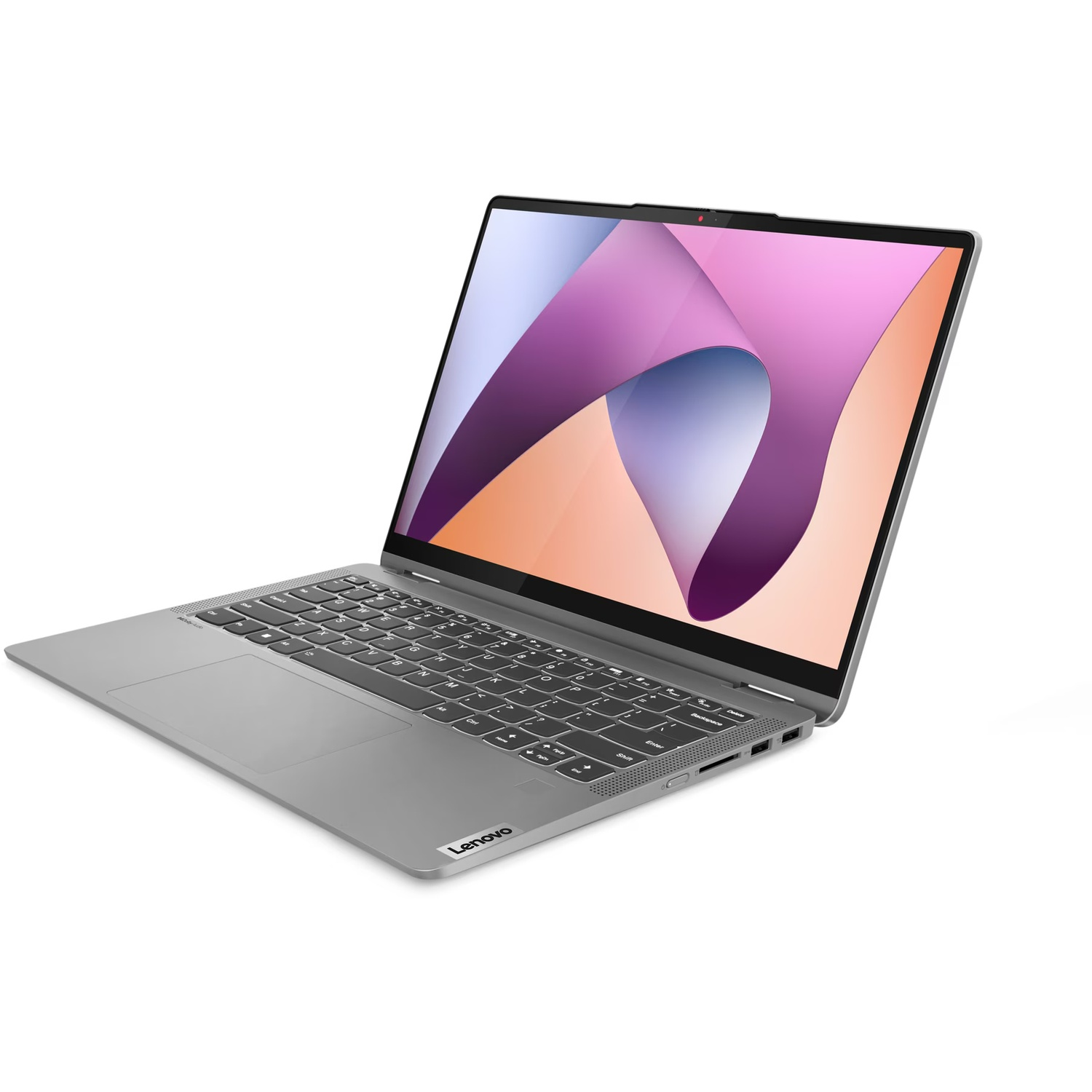 Un ordinateur portable Lenovo argenté est ouvert sur fond blanc. L'écran affiche des formes abstraites roses et oranges.