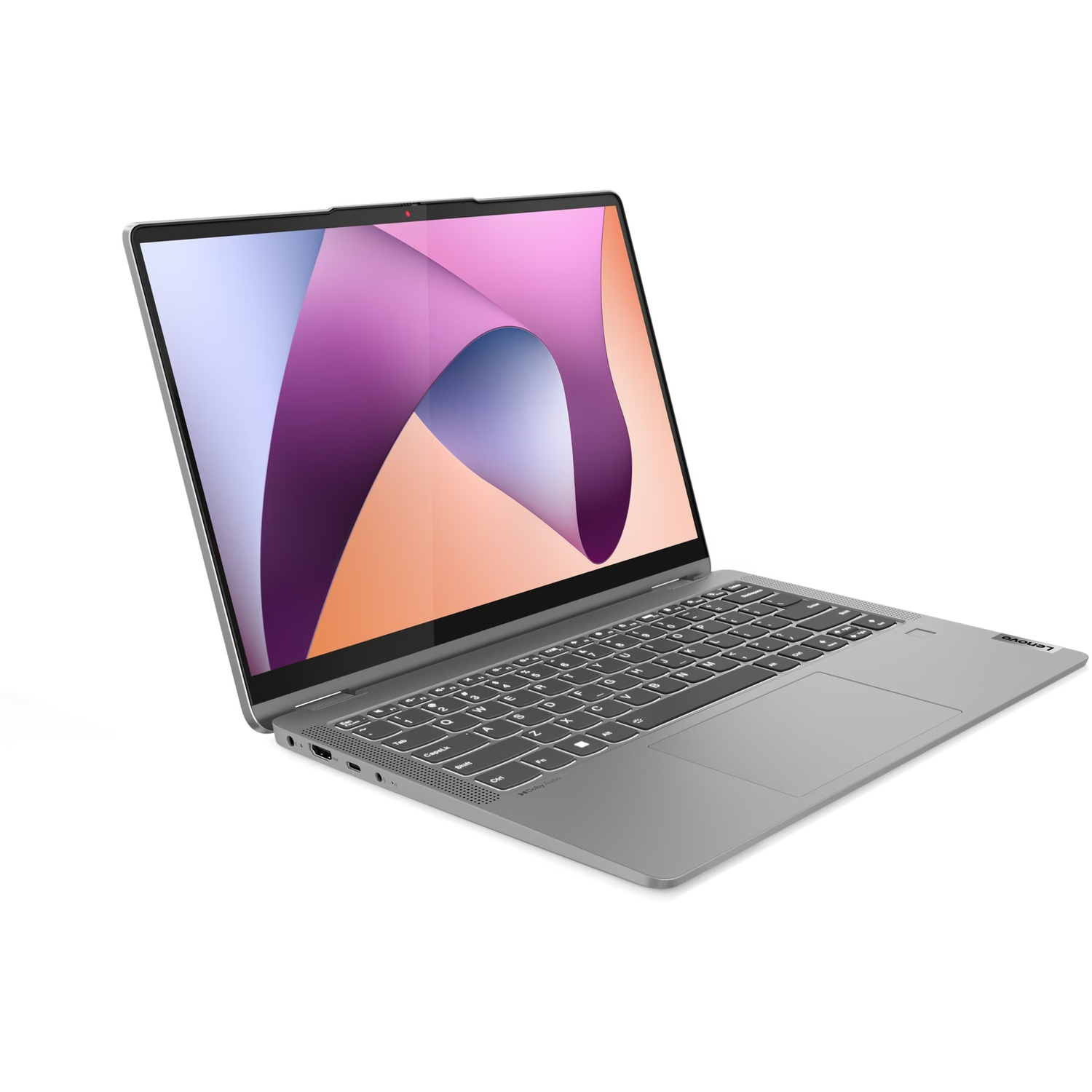 Un ordinateur portable Lenovo gris est ouvert sur une surface blanche. L'écran affiche un design abstrait coloré. Le clavier est visible.