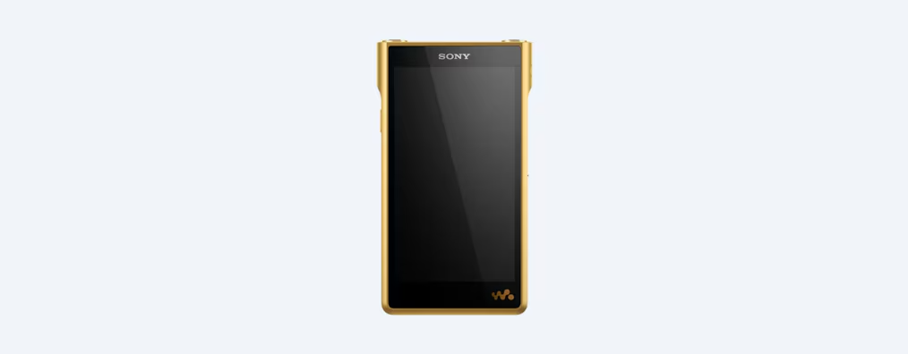 Goldfarbener Sony-Musikplayer mit schwarzem Bildschirm. Das Sony-Logo befindet sich oben, ein "W"-Logo unten.