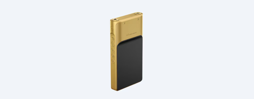 Gold-schwarzer digitaler Audioplayer. Goldener Korpus mit schwarzer Vorderseite, Seitentasten und weißem Hintergrund.