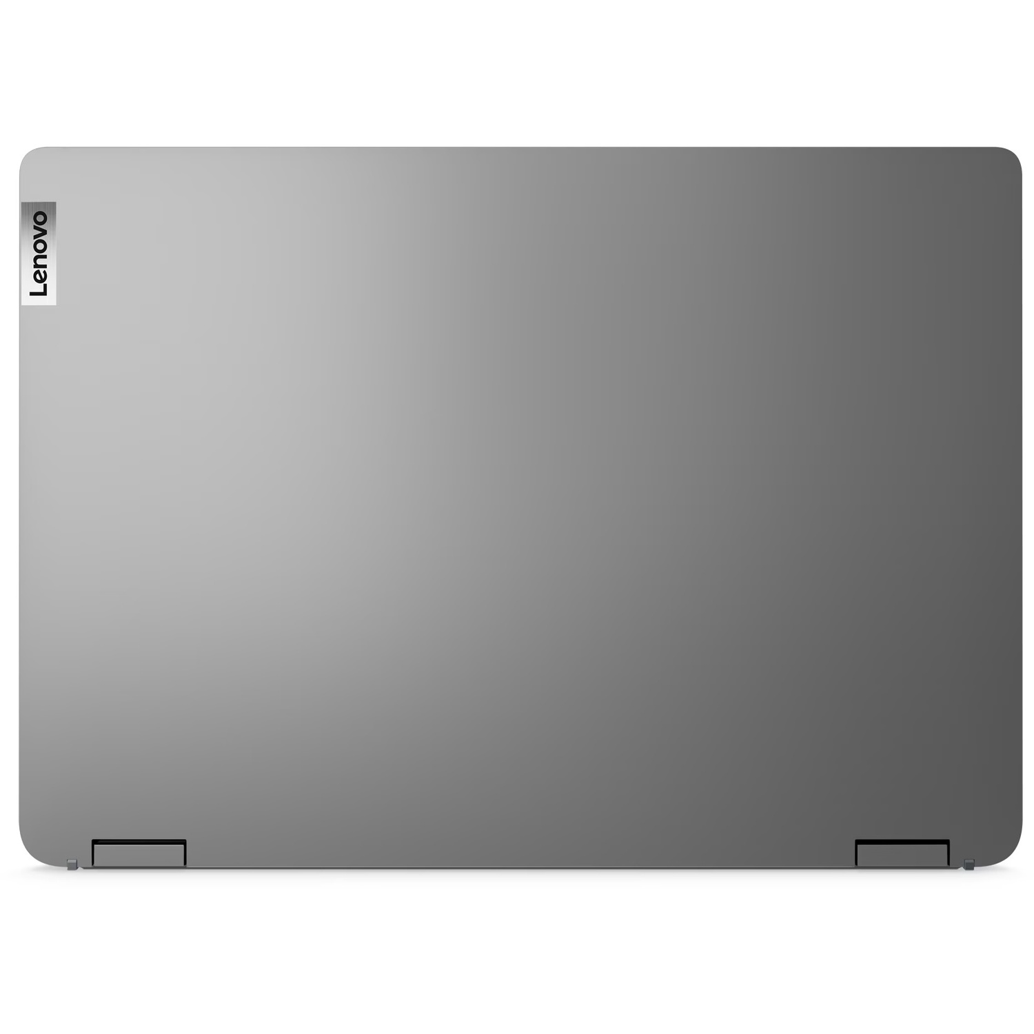 Un ordinateur portable Lenovo argenté, vu de dessus. Le logo Lenovo est en haut à gauche. Charnières en bas.