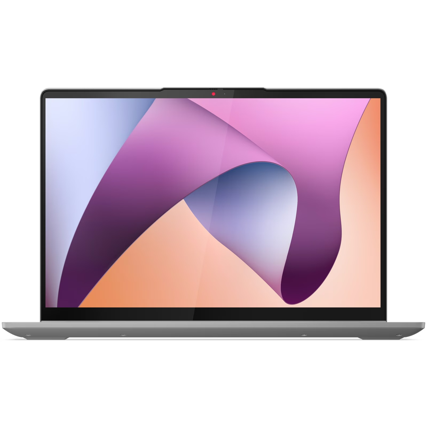 Een zilveren laptop is opengeklapt en toont een kleurrijk abstract behang. Het scherm heeft een zwart frame en een webcam is zichtbaar bovenaan.