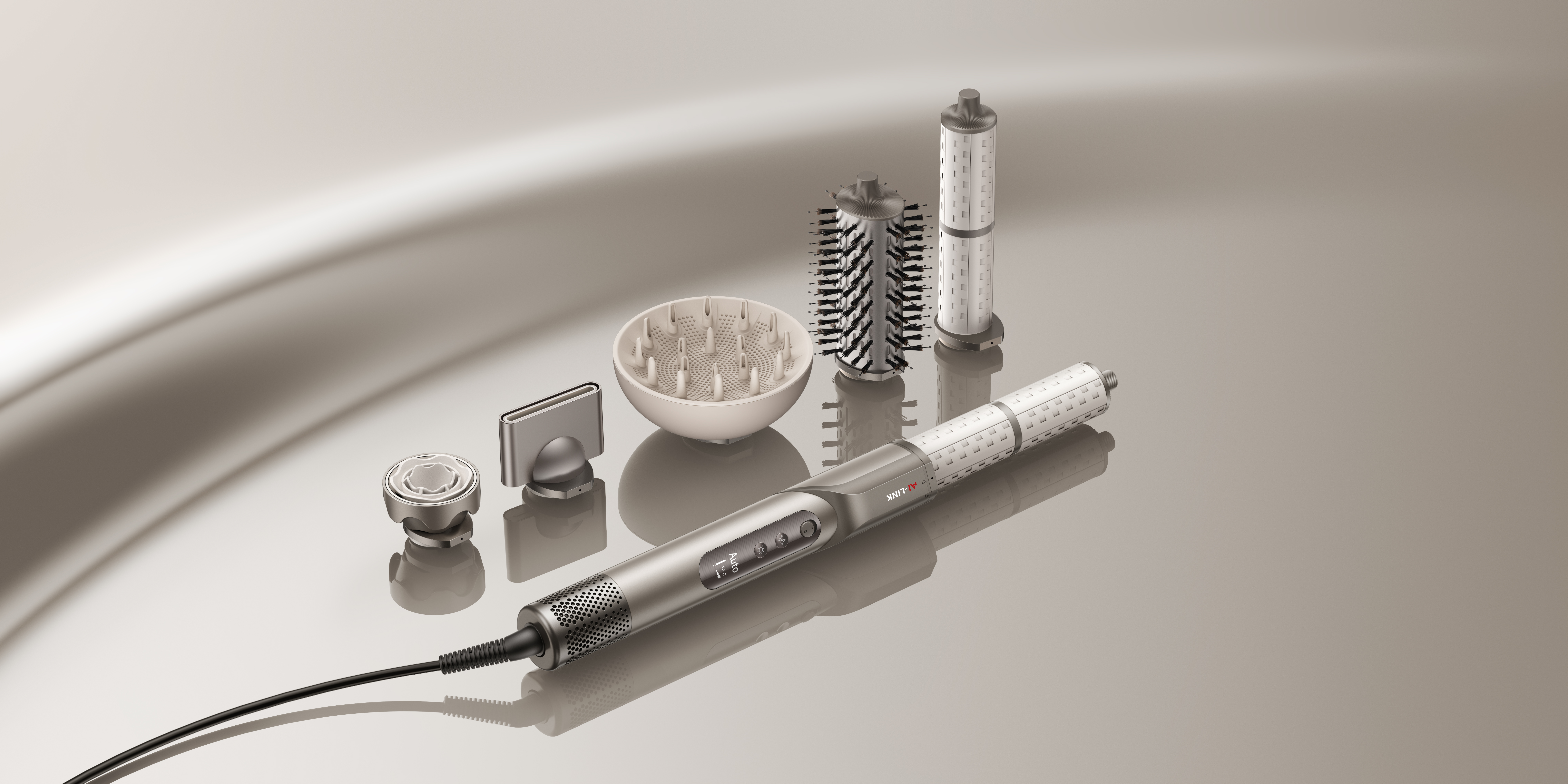 Narzędzie do stylizacji włosów z nasadkami. Zawiera uchwyt, kilka głowic szczotkowych i dyfuzor, wszystko na odblaskowej powierzchni.