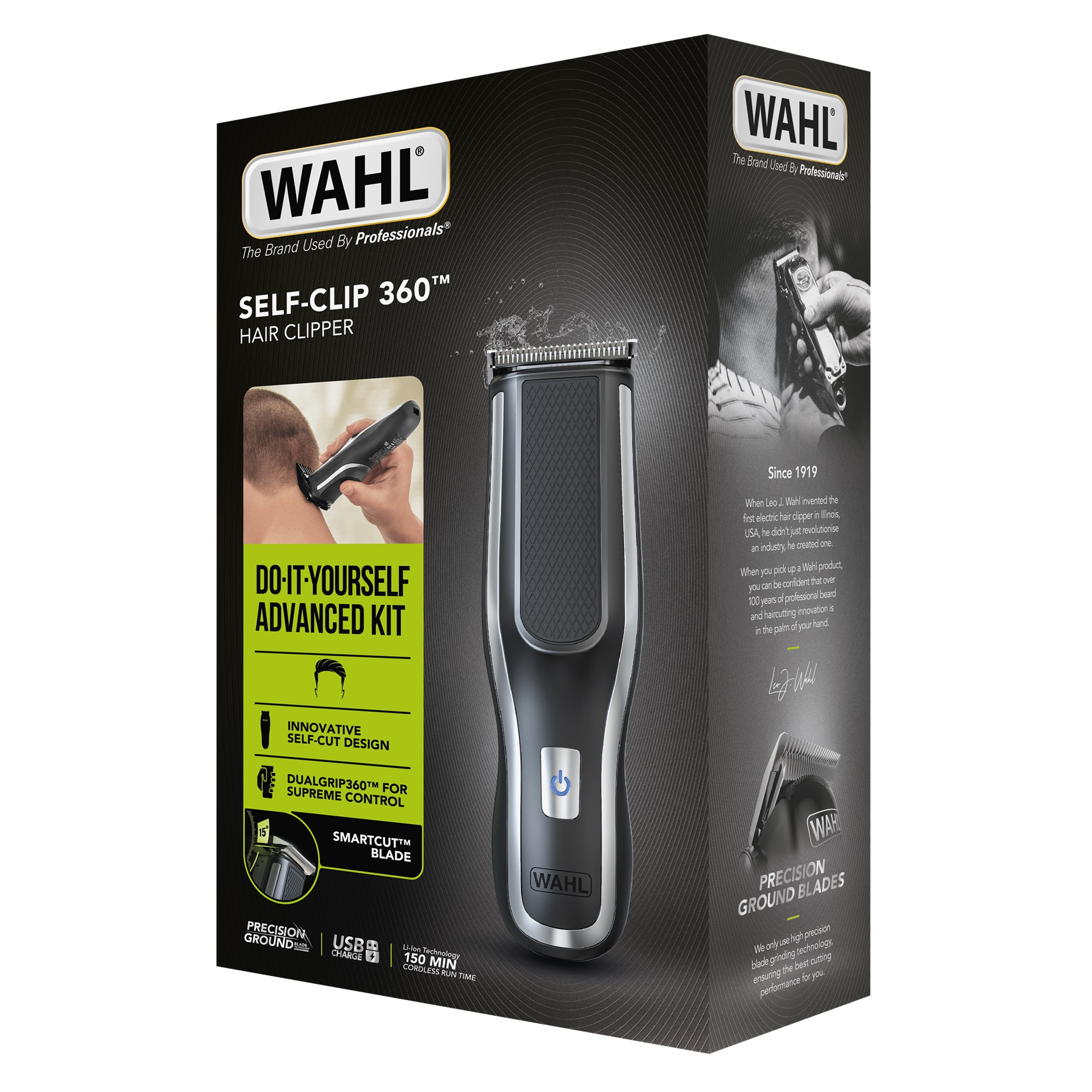 Egy Wahl Self-Clip 360 hajvágó gép doboza. A gépet, egy férfit, aki használja, és a termék jellemzőit bemutató szöveget ábrázol.
