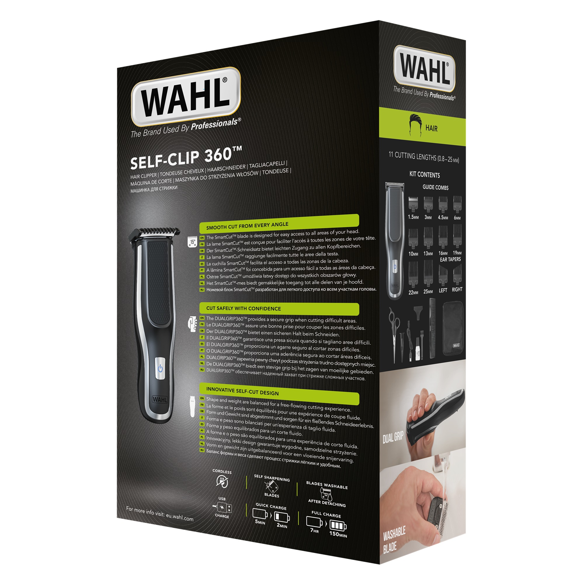 Wahl Self-Clip 360 hajvágó doboz. Fekete-fehér dizájn termék részletekkel és egy kezet tartó hajvágóval.