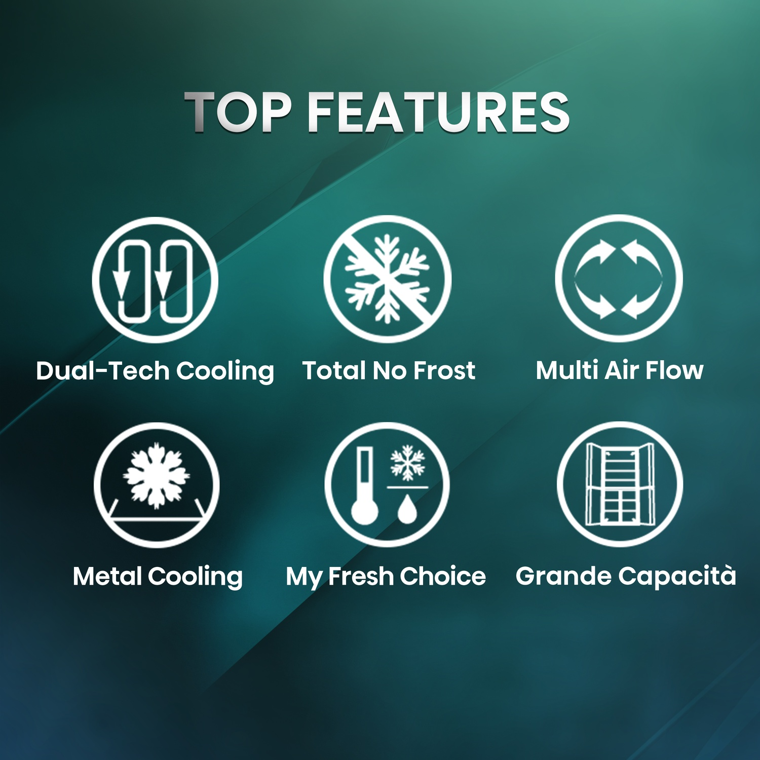 L'immagine mostra le caratteristiche dell'elettrodomestico: Dual-Tech Cooling, Total No Frost, Multi Air Flow, Metal Cooling, My Fresh Choice e Grande Capacità.