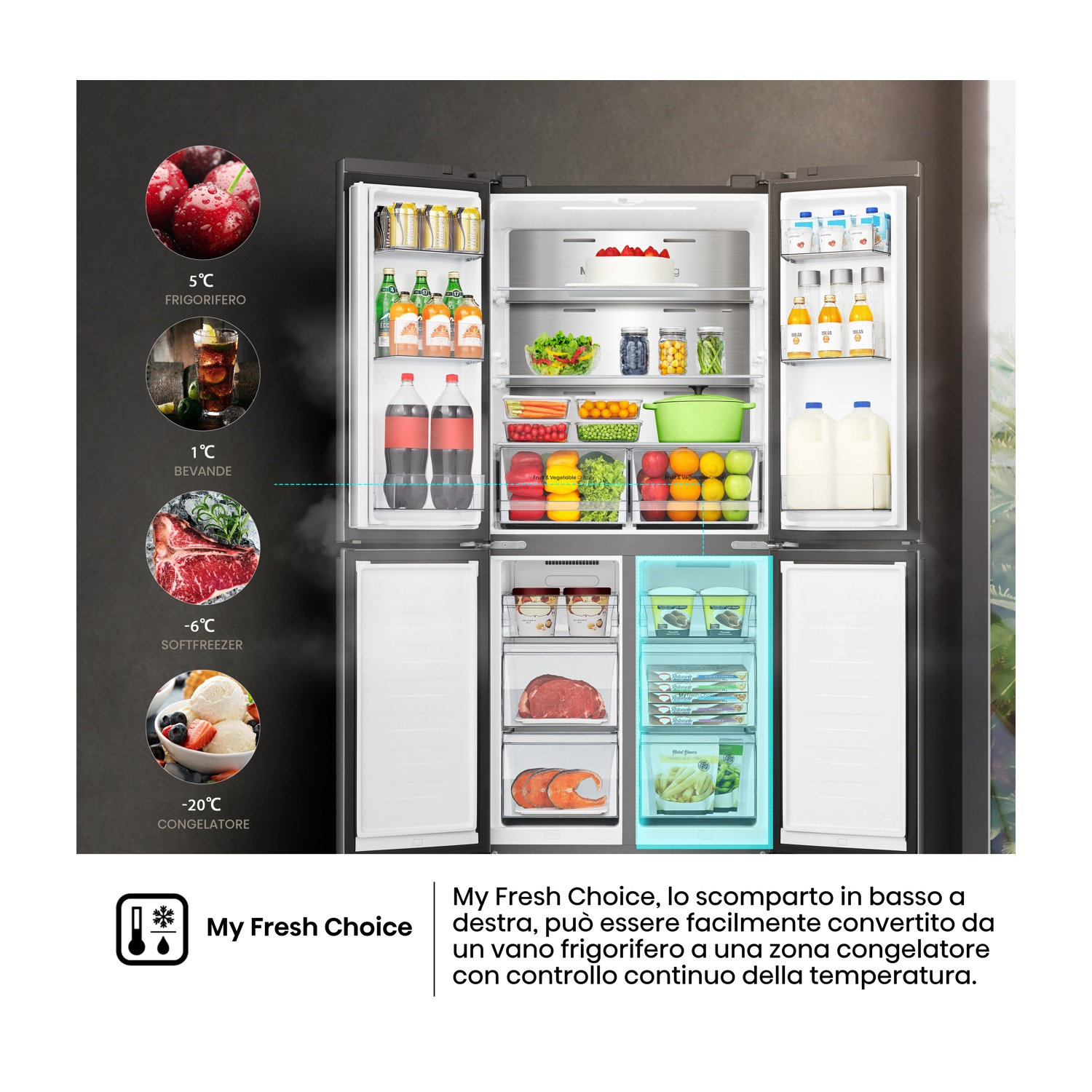 Un frigorifero con le porte aperte, che mostra vari scomparti pieni di generi alimentari, bevande e gelati.