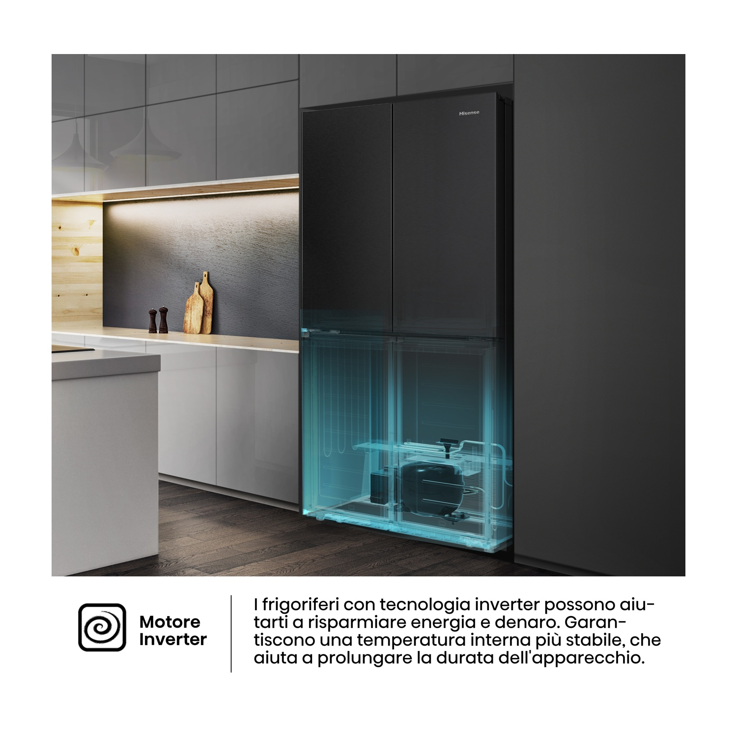 Un frigorifero Hisense nero in una cucina moderna. Una vista tagliata mostra i componenti interni. Il testo descrive la tecnologia inverter.